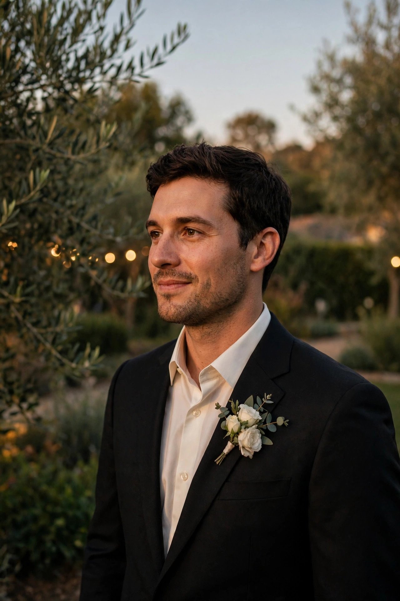 Partner in a black suit with an ivory shirt and white boutonniere at dusk