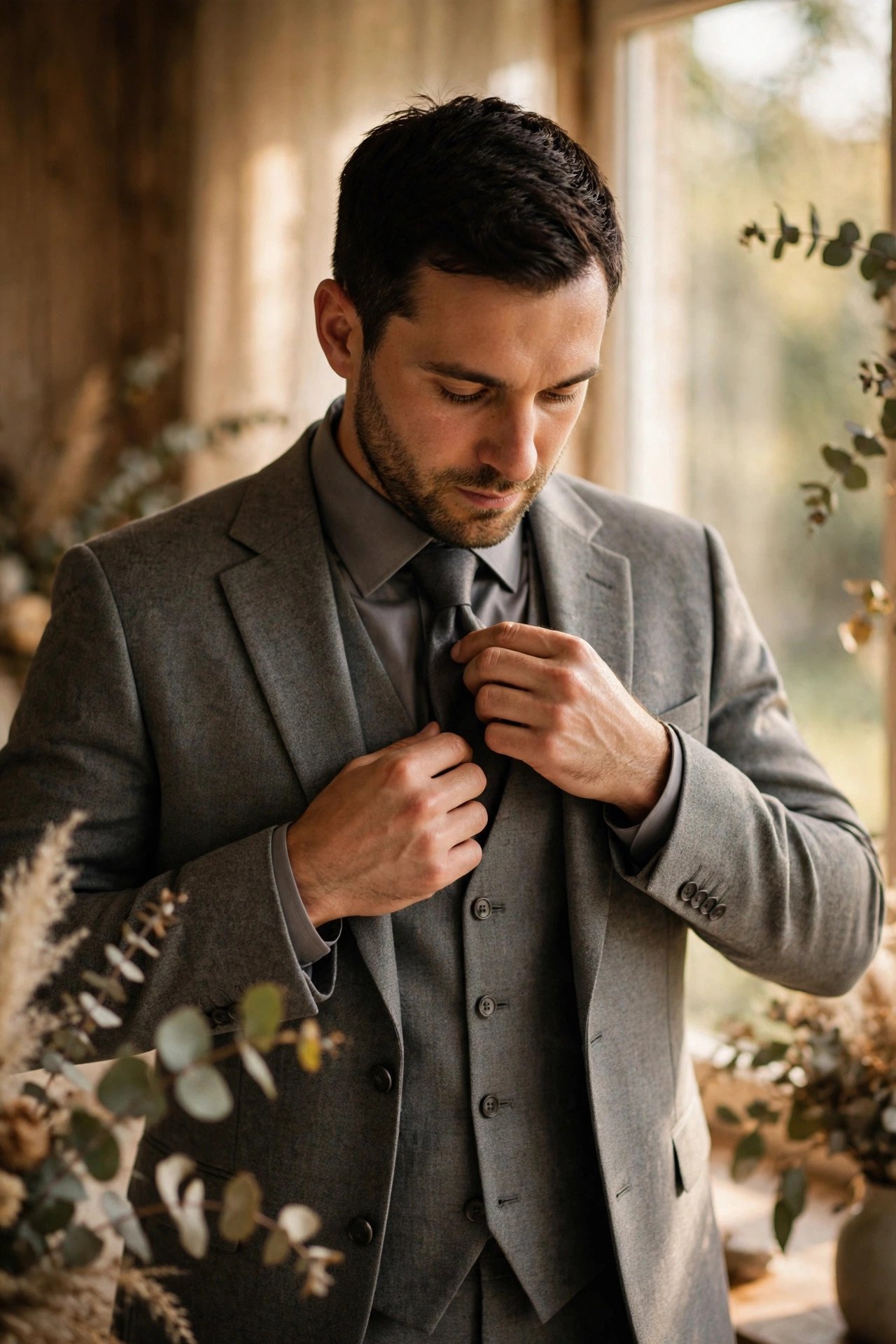 Groom in a three-piece grey suit with waistcoat adjusting his tie
