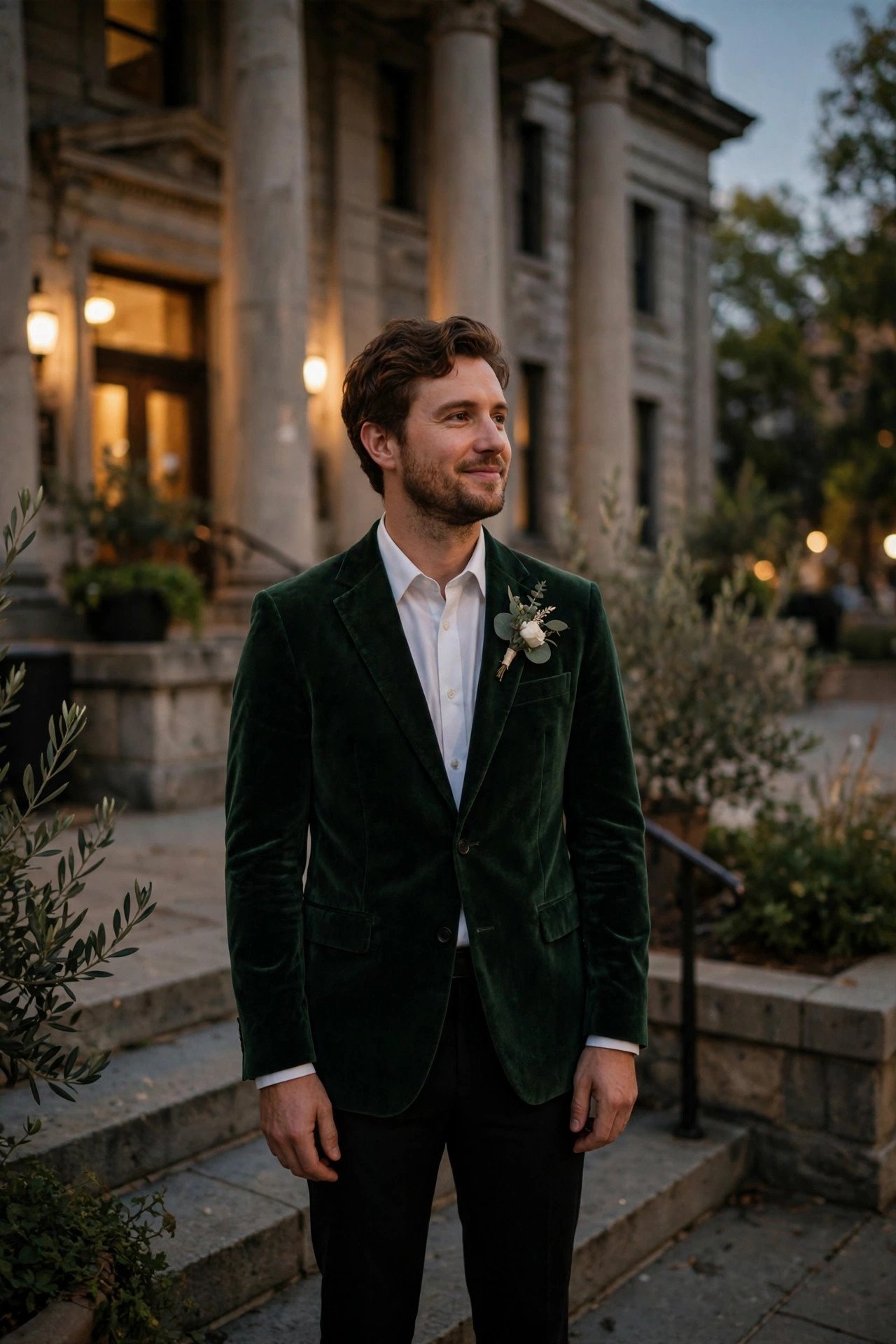 Partner in a deep green velvet blazer with black trousers outside a courthouse at dusk
