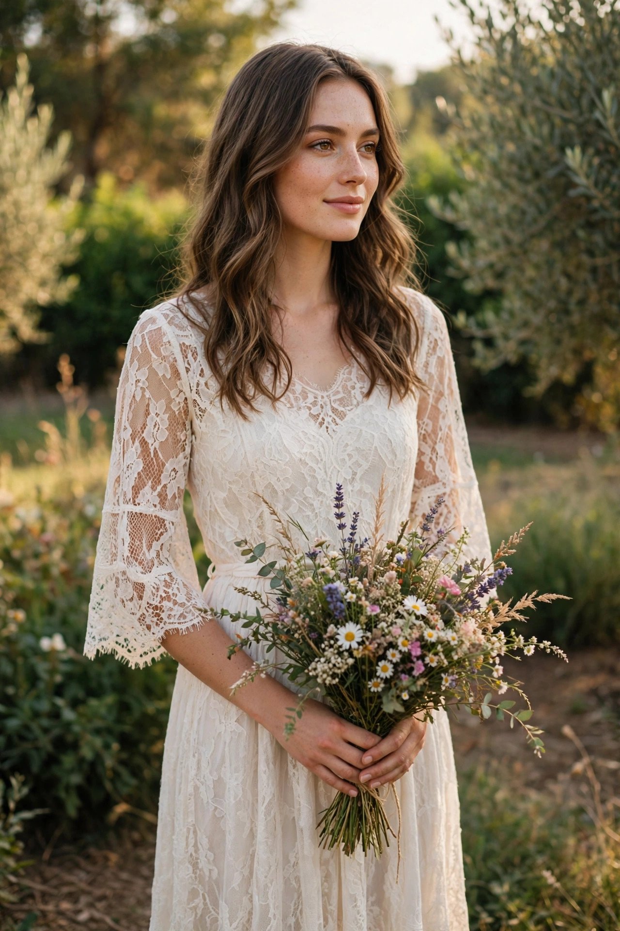 Bride in a bohemian lace midi dress with loose waves holding wildflowers