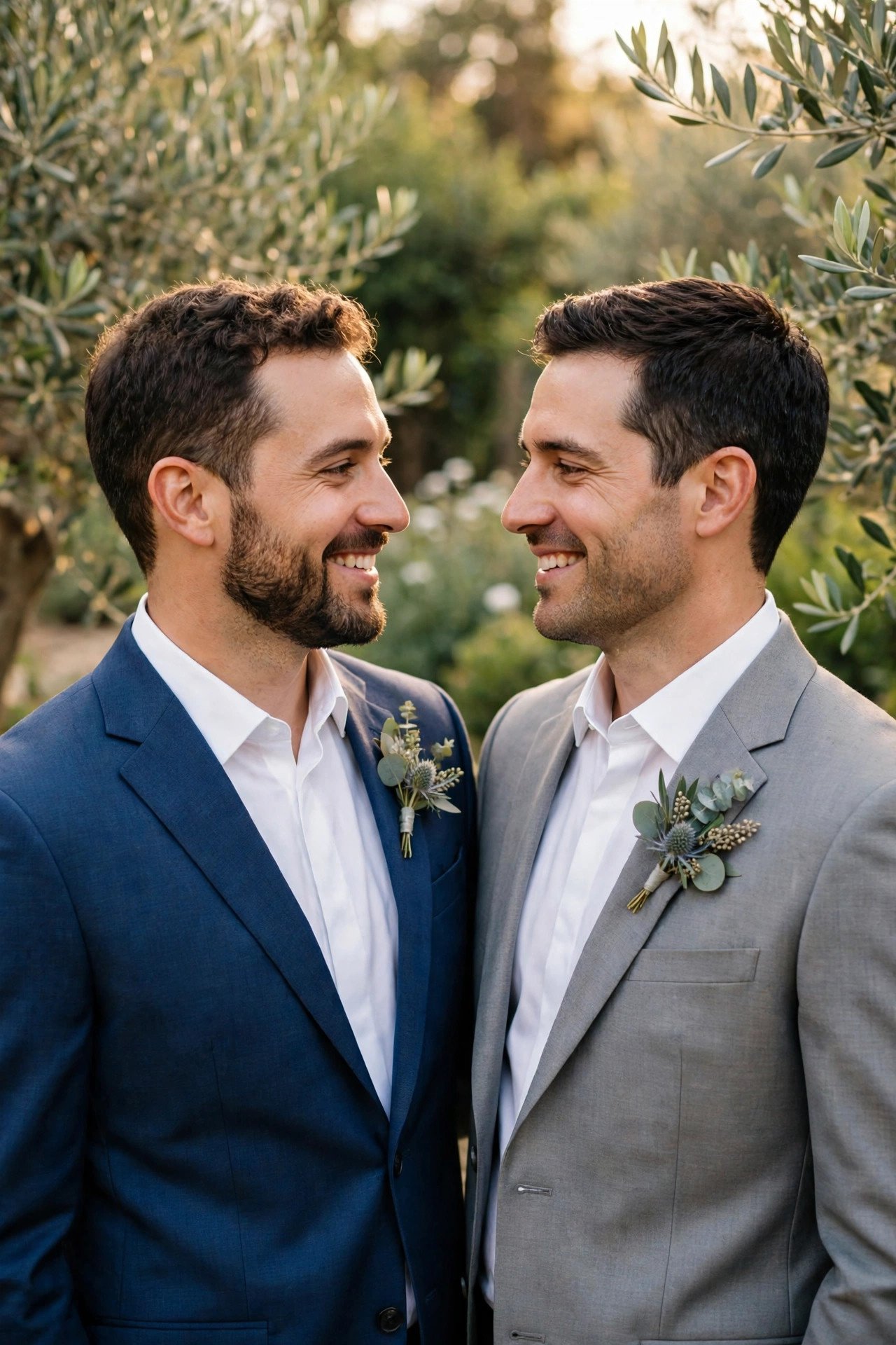 Two grooms in complementary blue and grey suits with matching boutonnieres