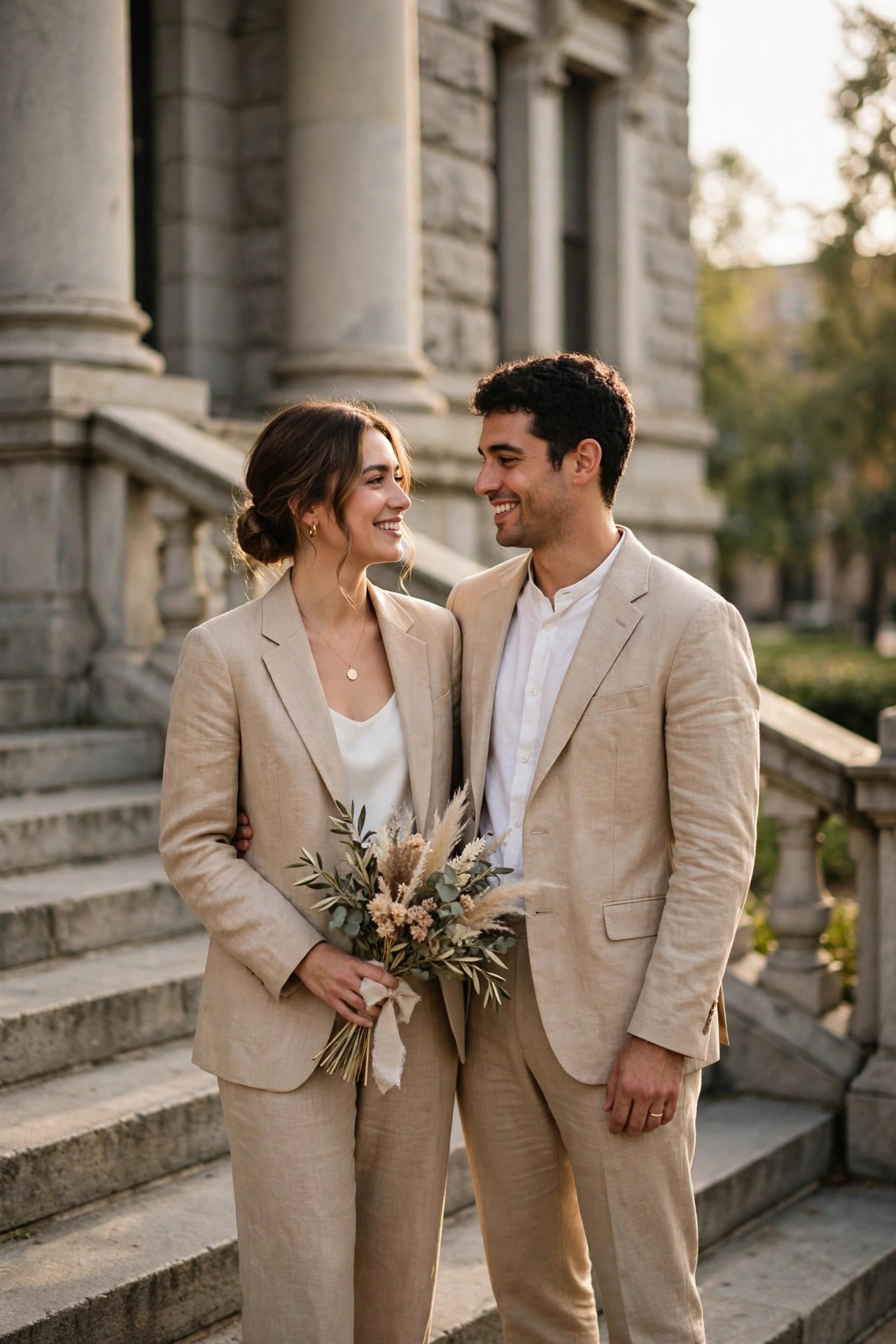 Stylish couple in coordinated courthouse wedding outfits standing on courthouse steps