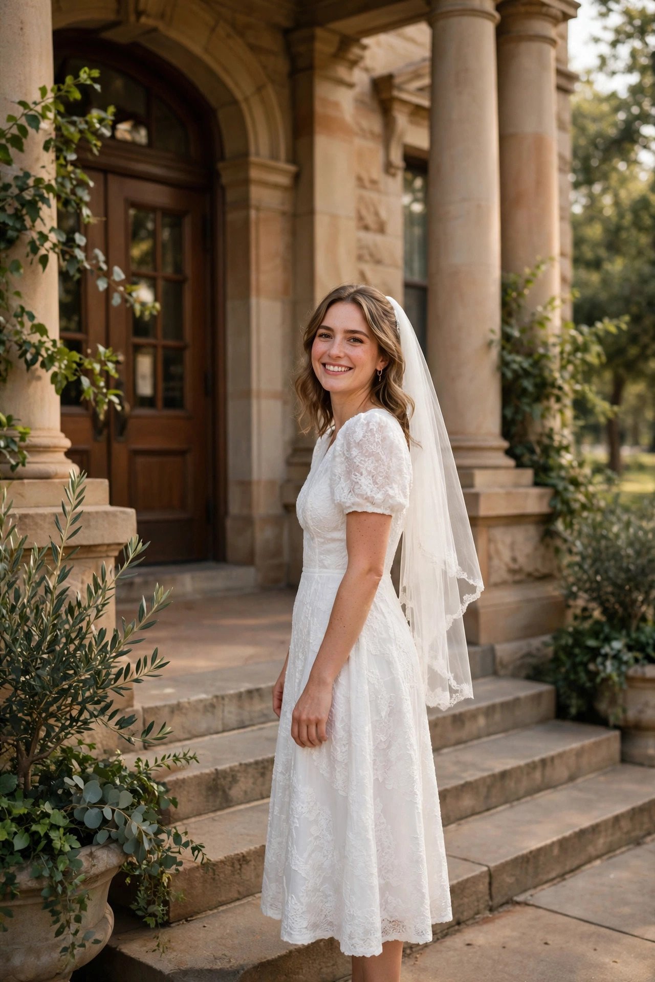Bride in a white midi dress and veil smiling outside a courthouse entrance