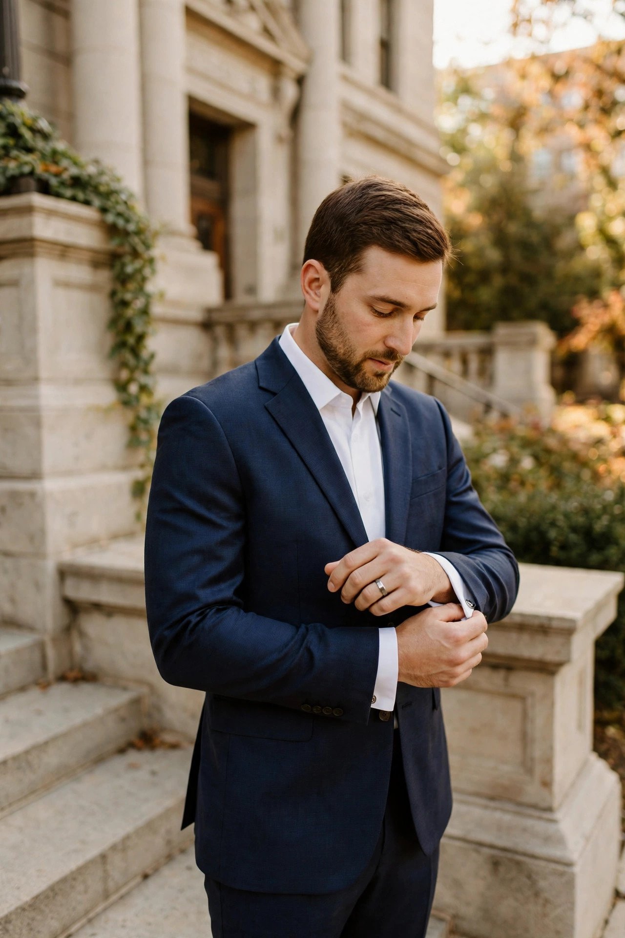 Groom adjusting the cuffs of a well-fitted suit outside a courthouse