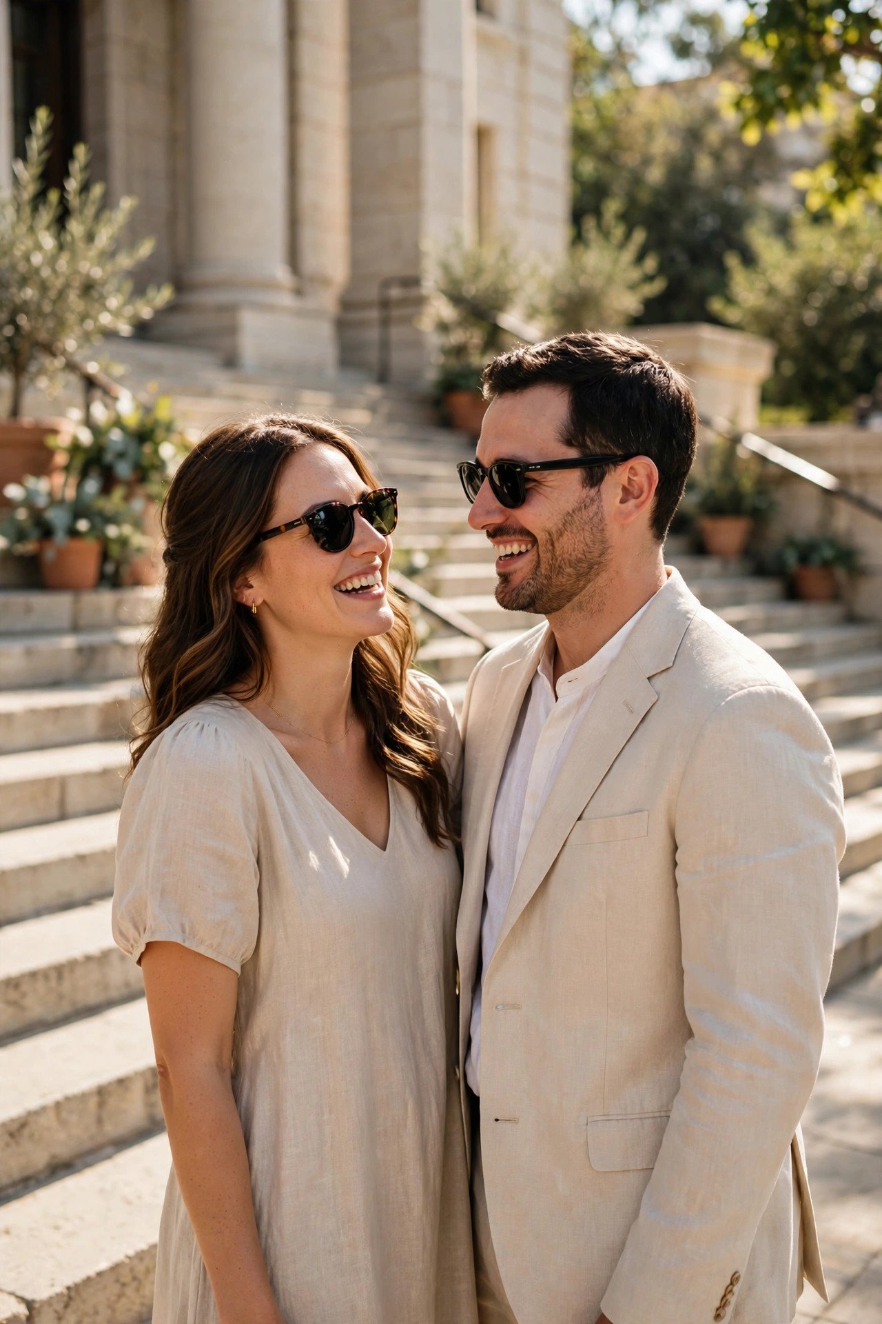 Couple in breathable summer courthouse outfits with sunglasses on bright steps