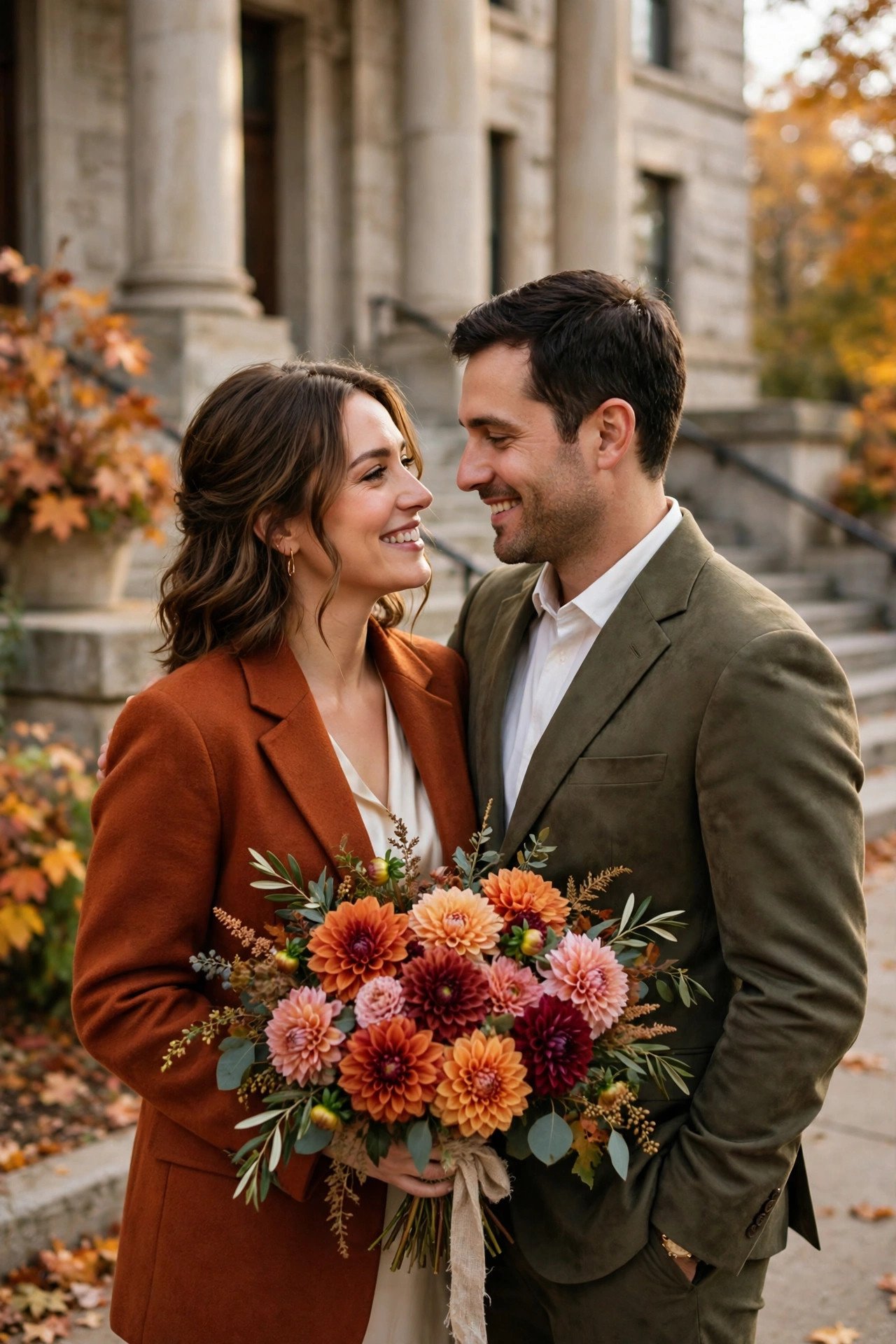 Couple in rich autumn-toned courthouse outfits with a bouquet of dahlias