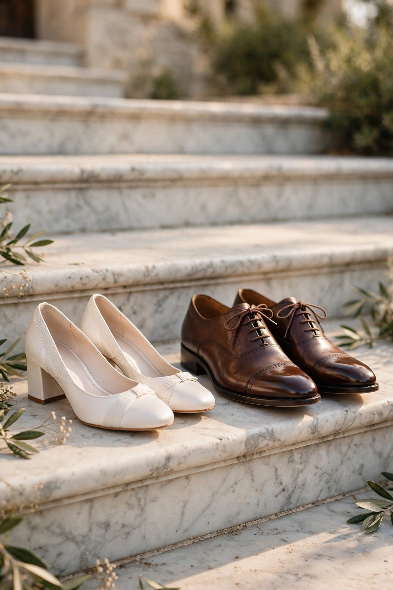 Block-heel wedding shoes and polished oxfords standing on marble steps