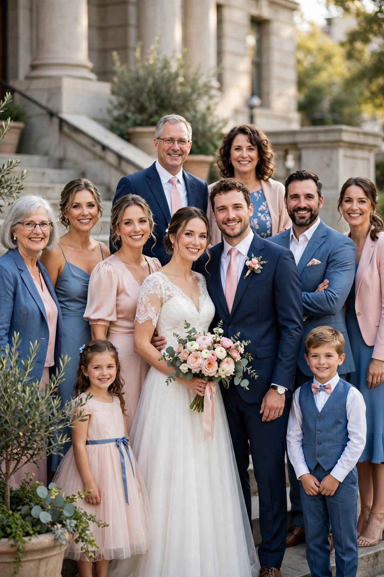 Courthouse group photo with guests in a coordinated palette of blues and blush