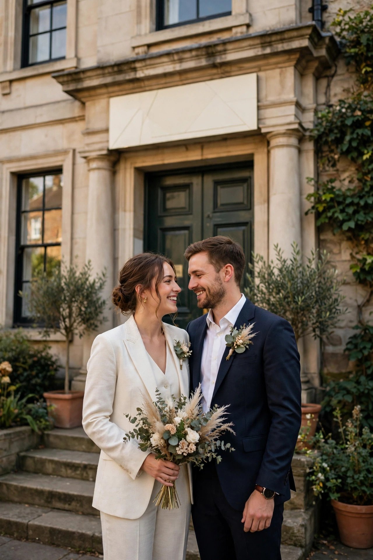 Couple in smart attire outside a British register office with a traditional sign