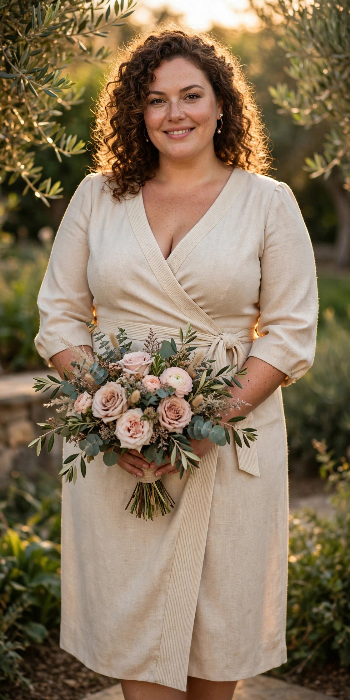 Confident plus-size bride in a structured wrap midi dress with bouquet