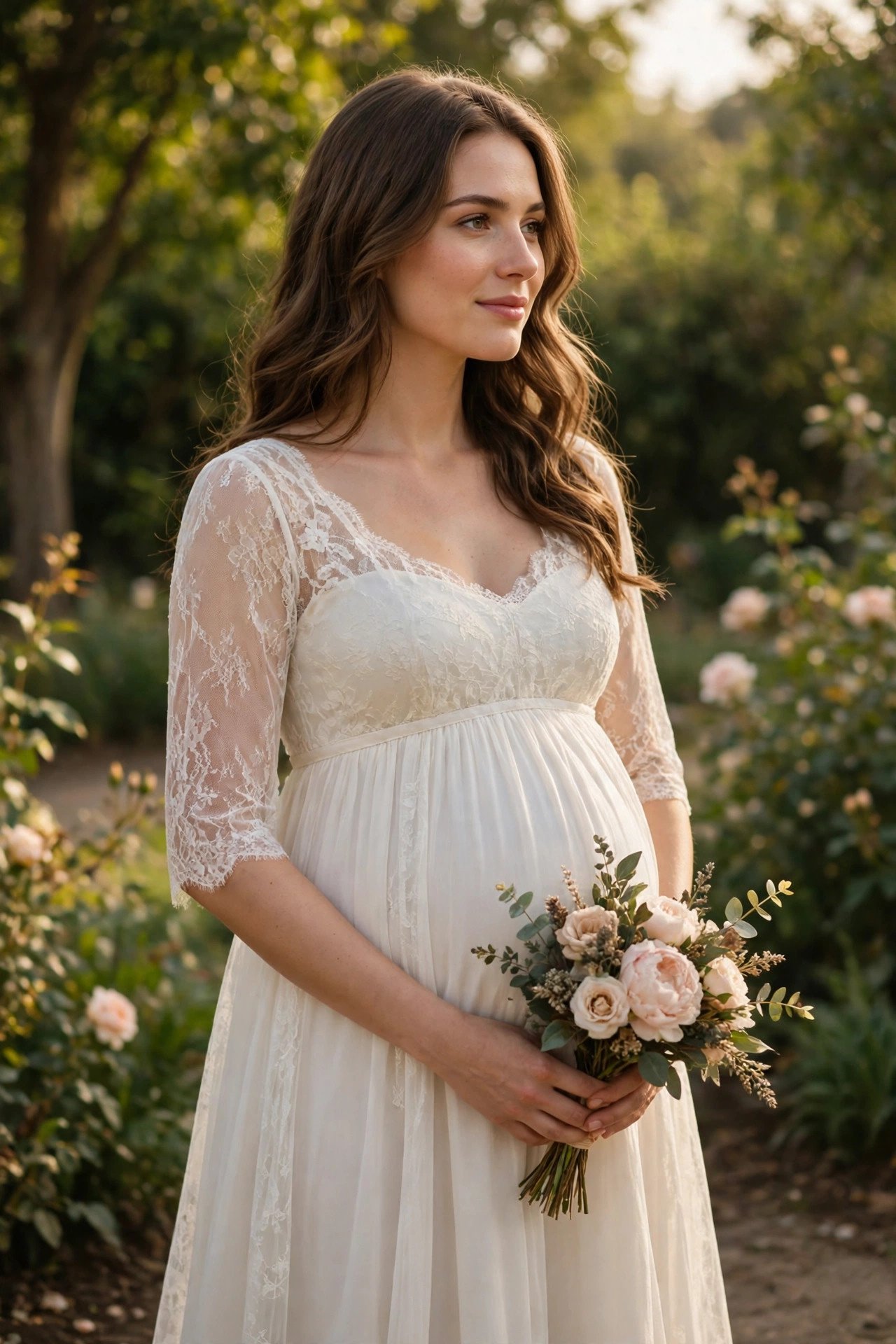 Expecting bride in an elegant empire-line dress holding a small bouquet