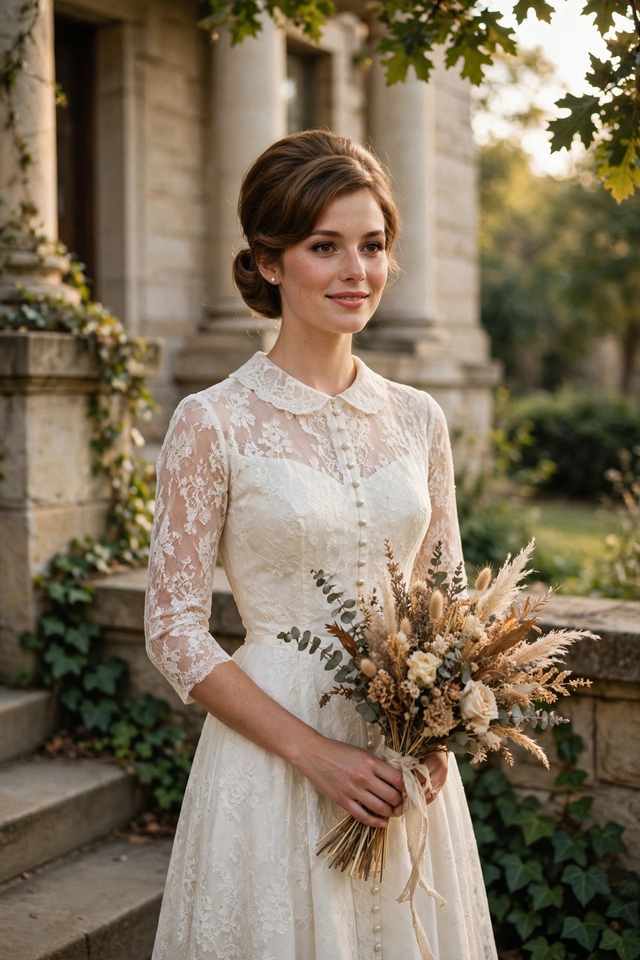 Bride in a vintage 1960s courthouse dress found at a vintage boutique