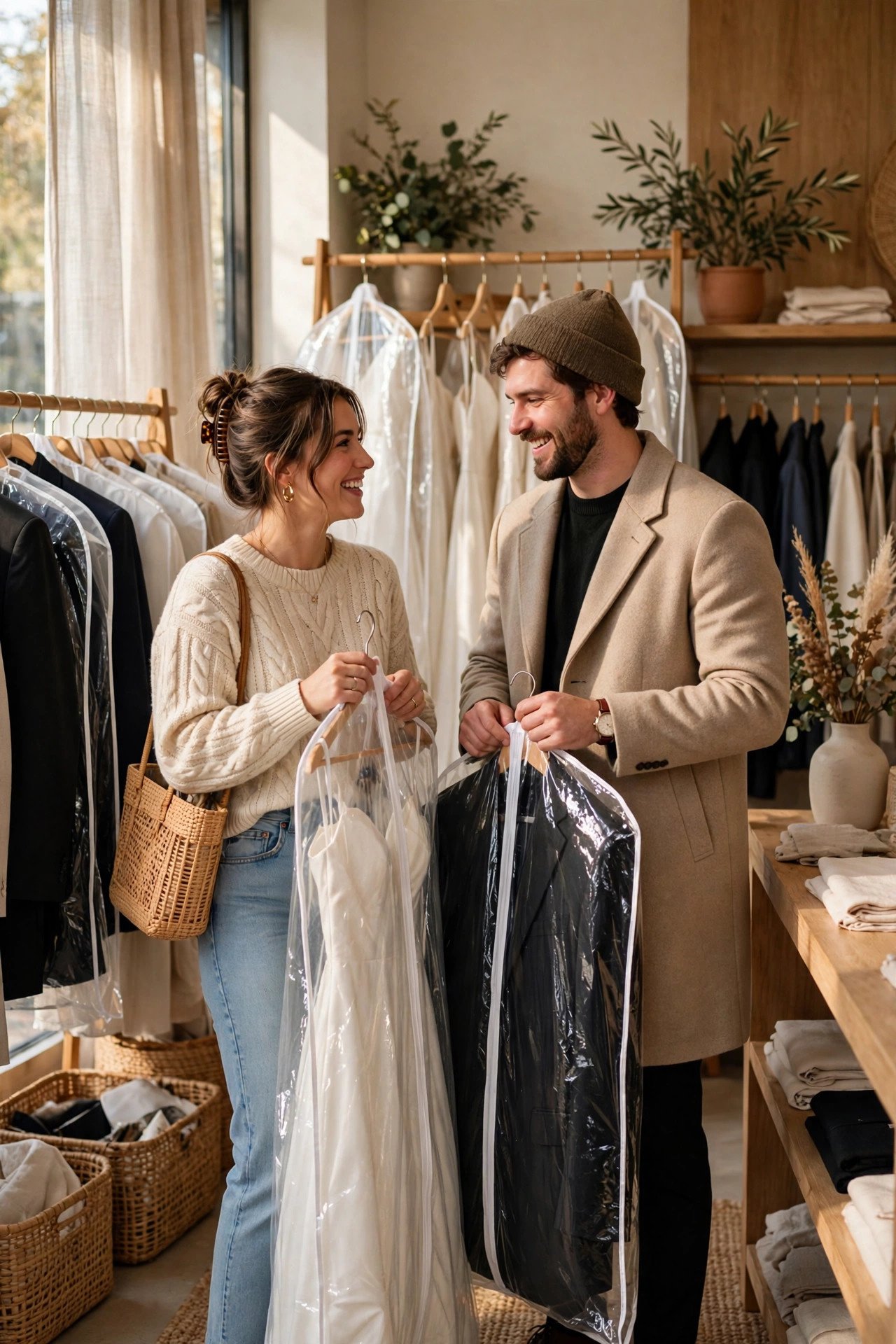 Couple collecting rented wedding outfits from a stylish rental boutique
