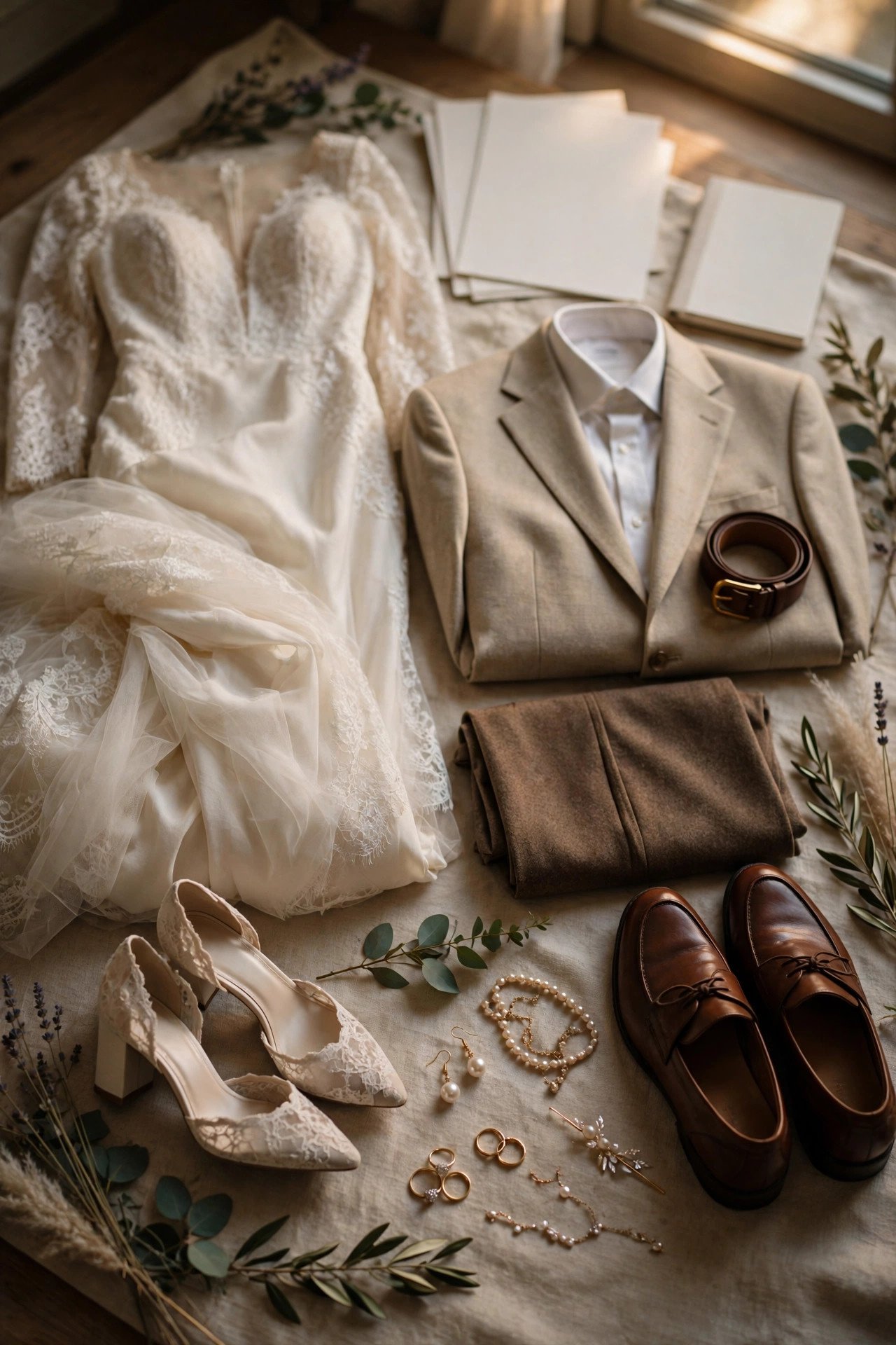 Wedding outfits laid out neatly with shoes, jewelry, and documents the night before
