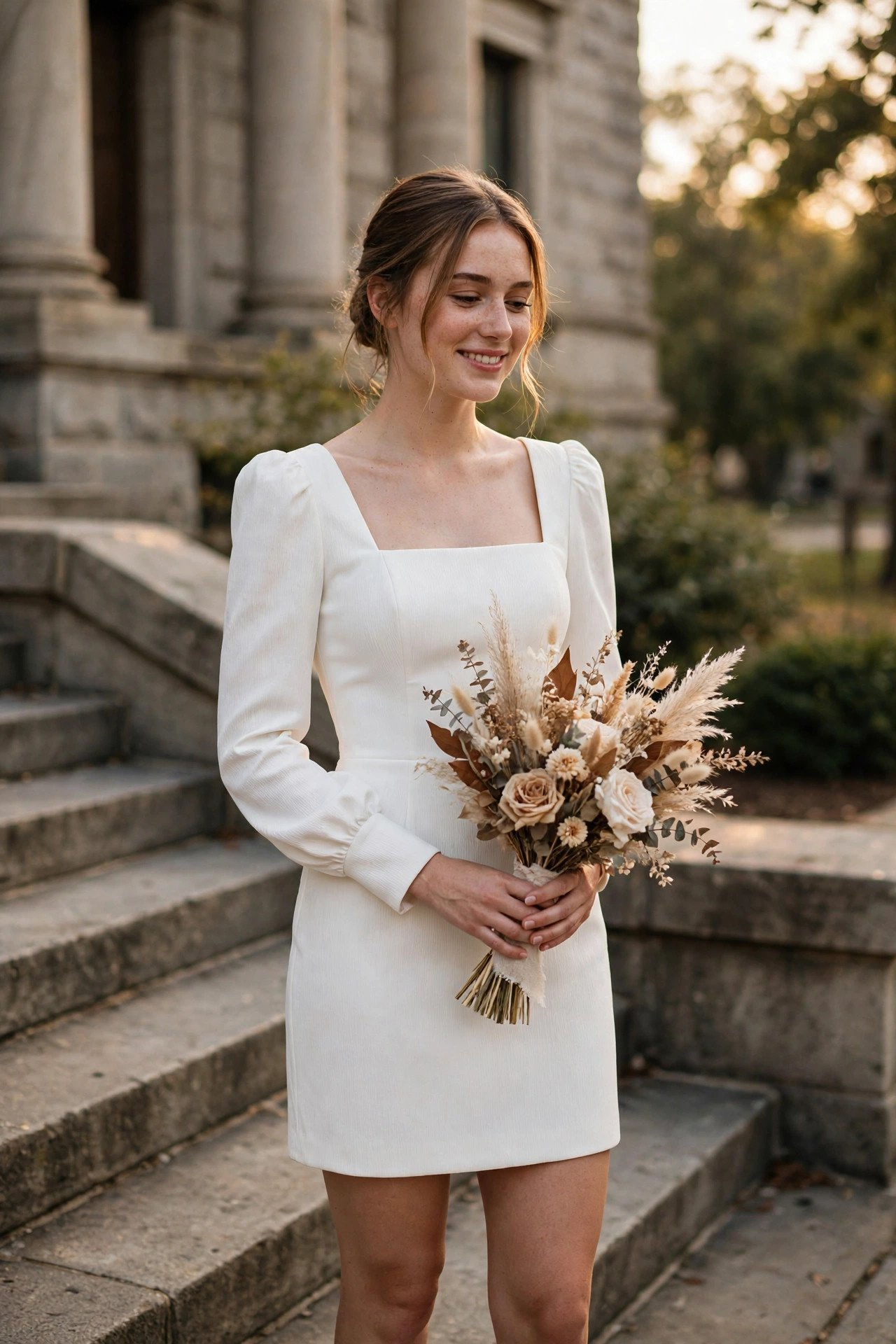 Bride in a structured white crepe mini dress with long sleeves on courthouse steps