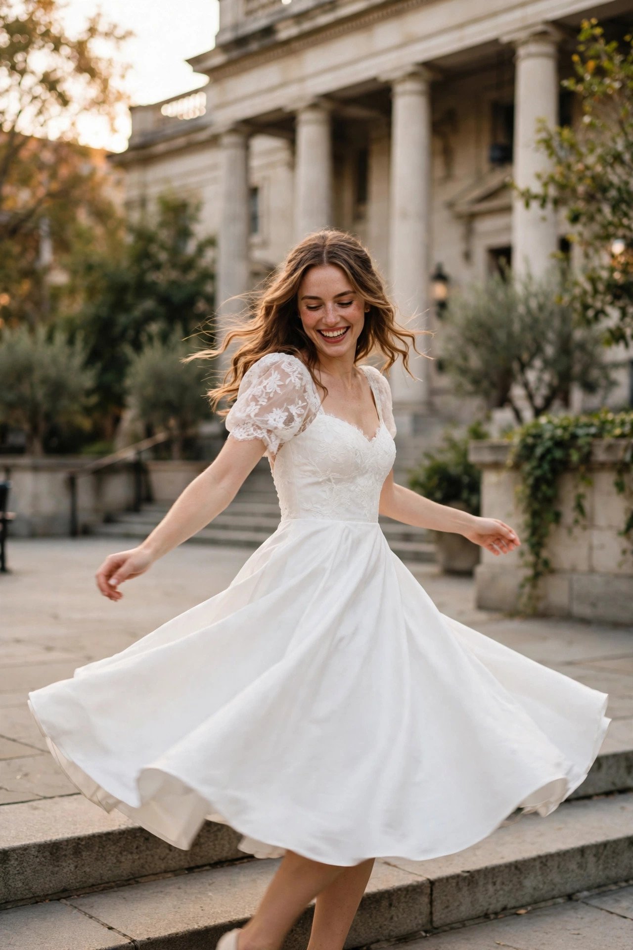 Bride twirling in a fit-and-flare white midi dress outside city hall