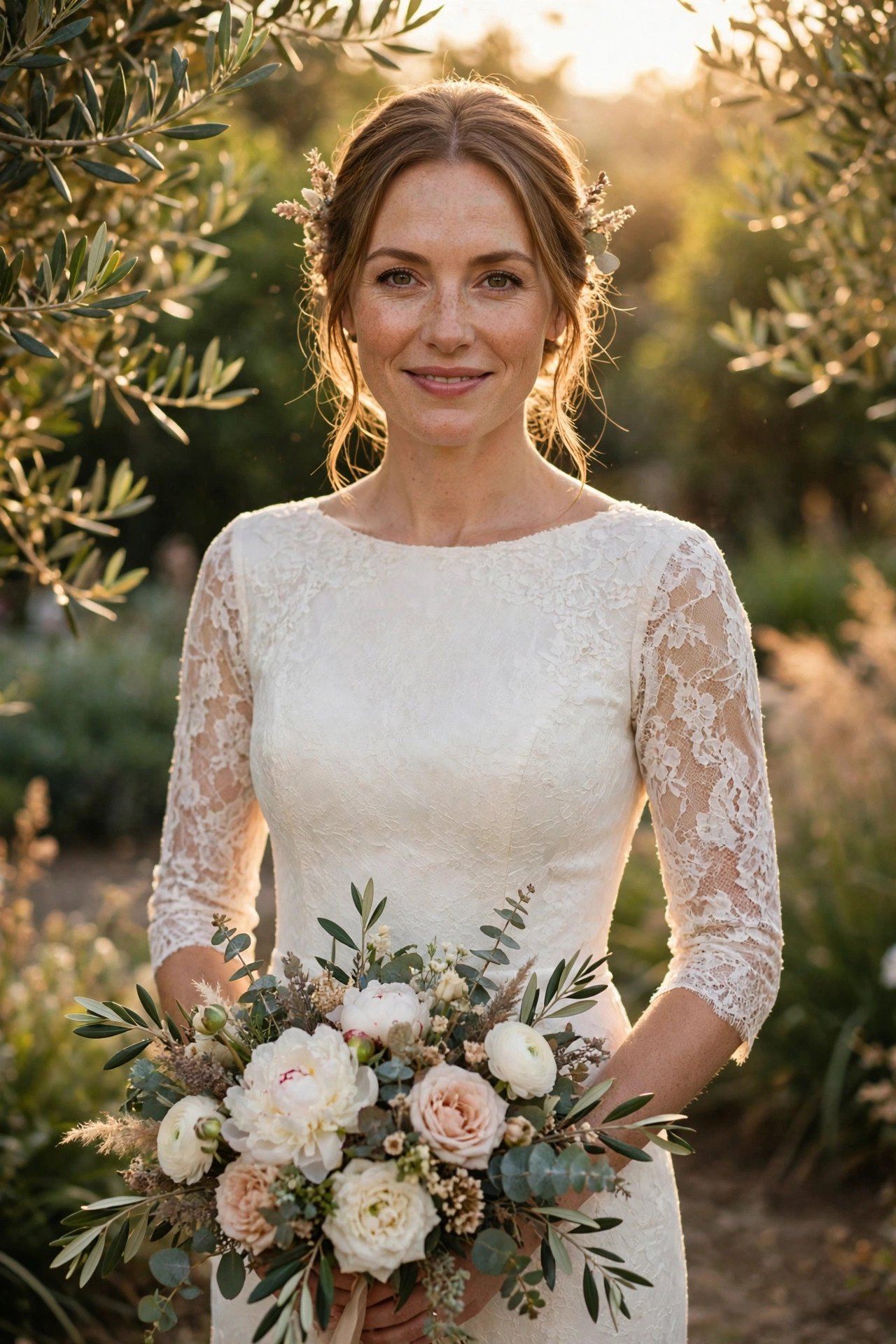 Bride in a fitted ivory lace sheath dress with three-quarter sleeves