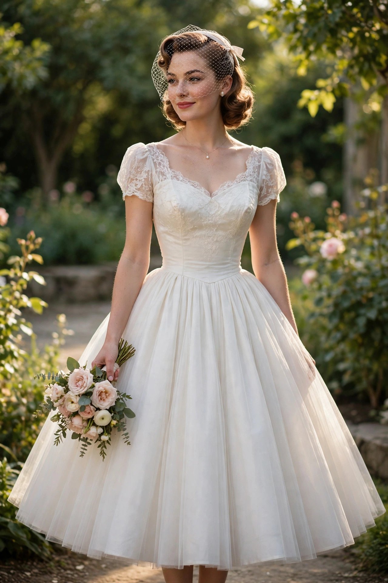 Bride in a 1950s tea-length dress with a full skirt and birdcage veil