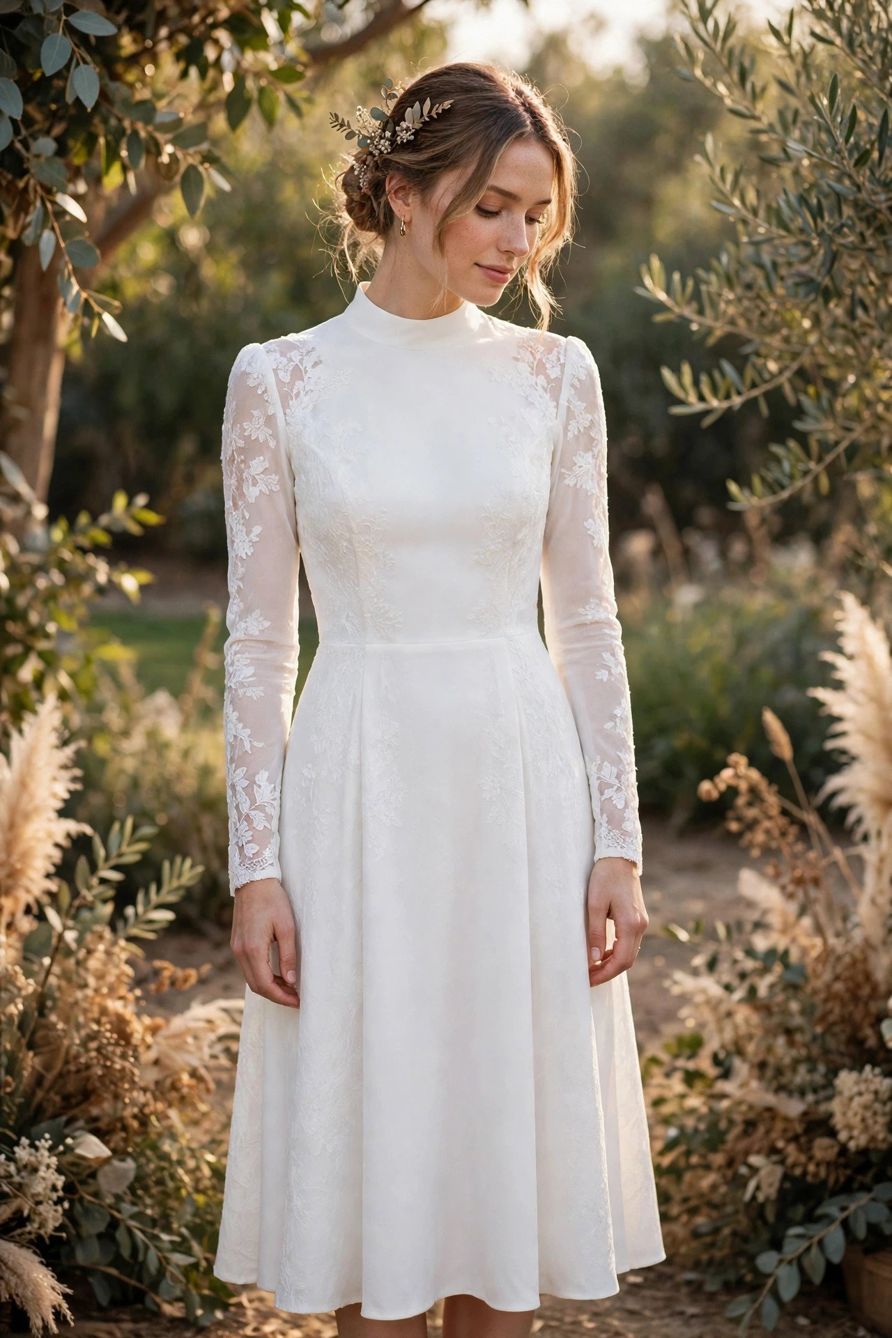 Bride in an elegant long-sleeve white midi dress with a high neckline