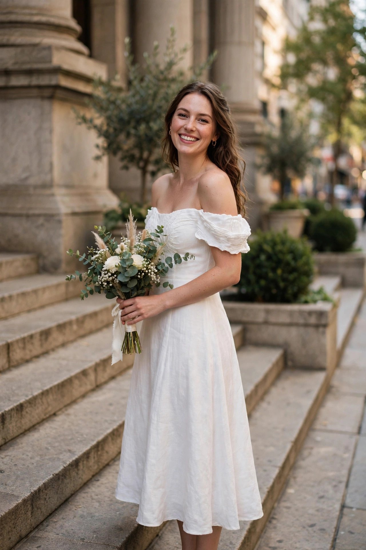 Bride in an off-the-shoulder white midi dress smiling on city hall steps