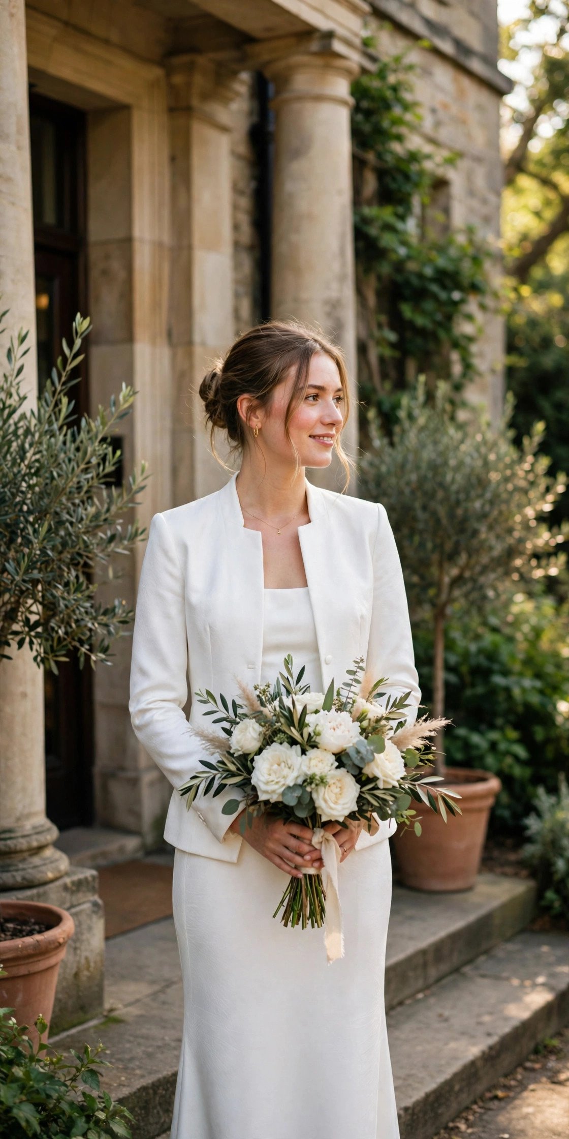 Bride in a white sheath dress with a matching tailored jacket outside a register office