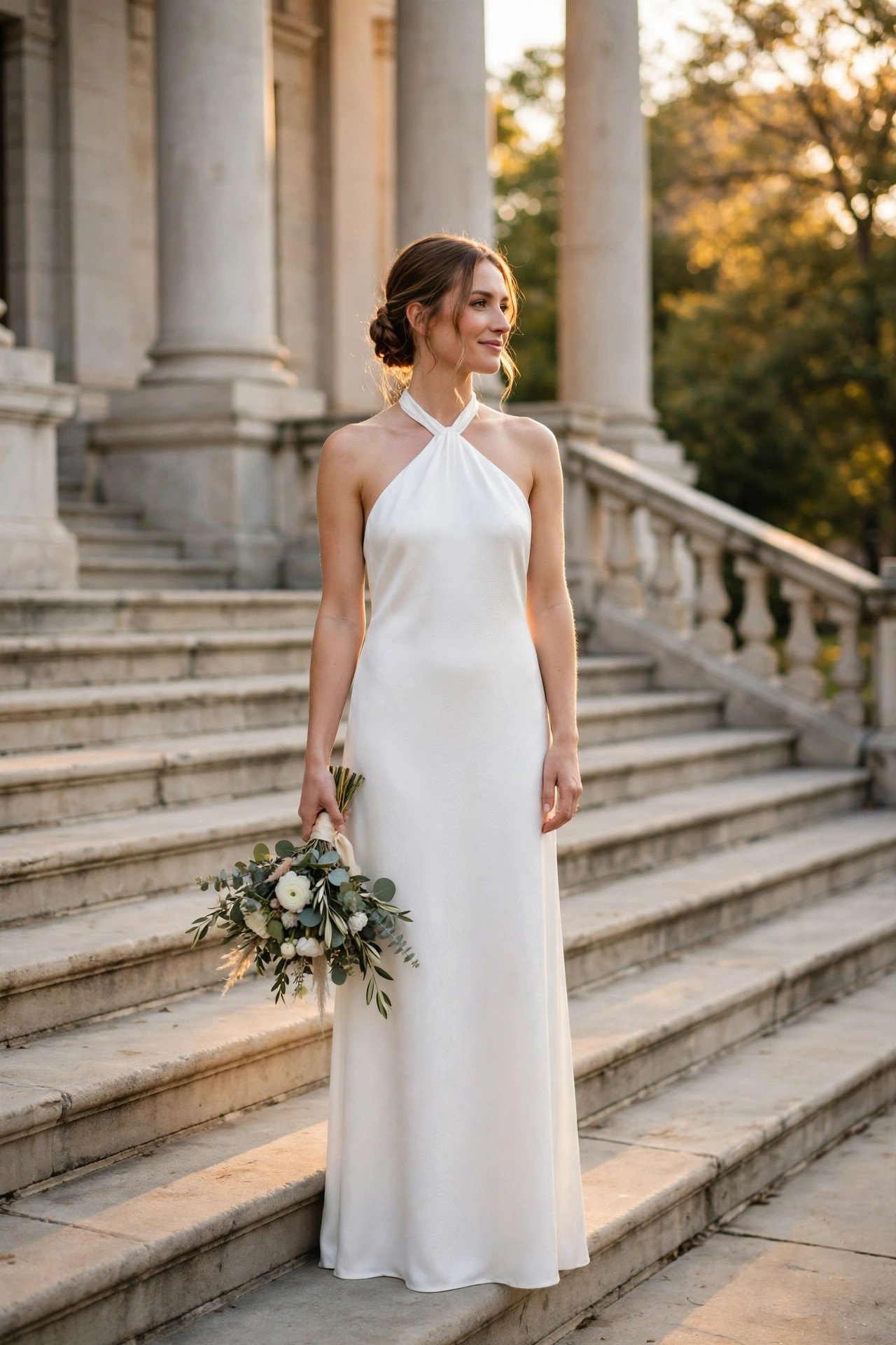 Bride in a sleek halter-neck white maxi dress on courthouse steps at golden hour
