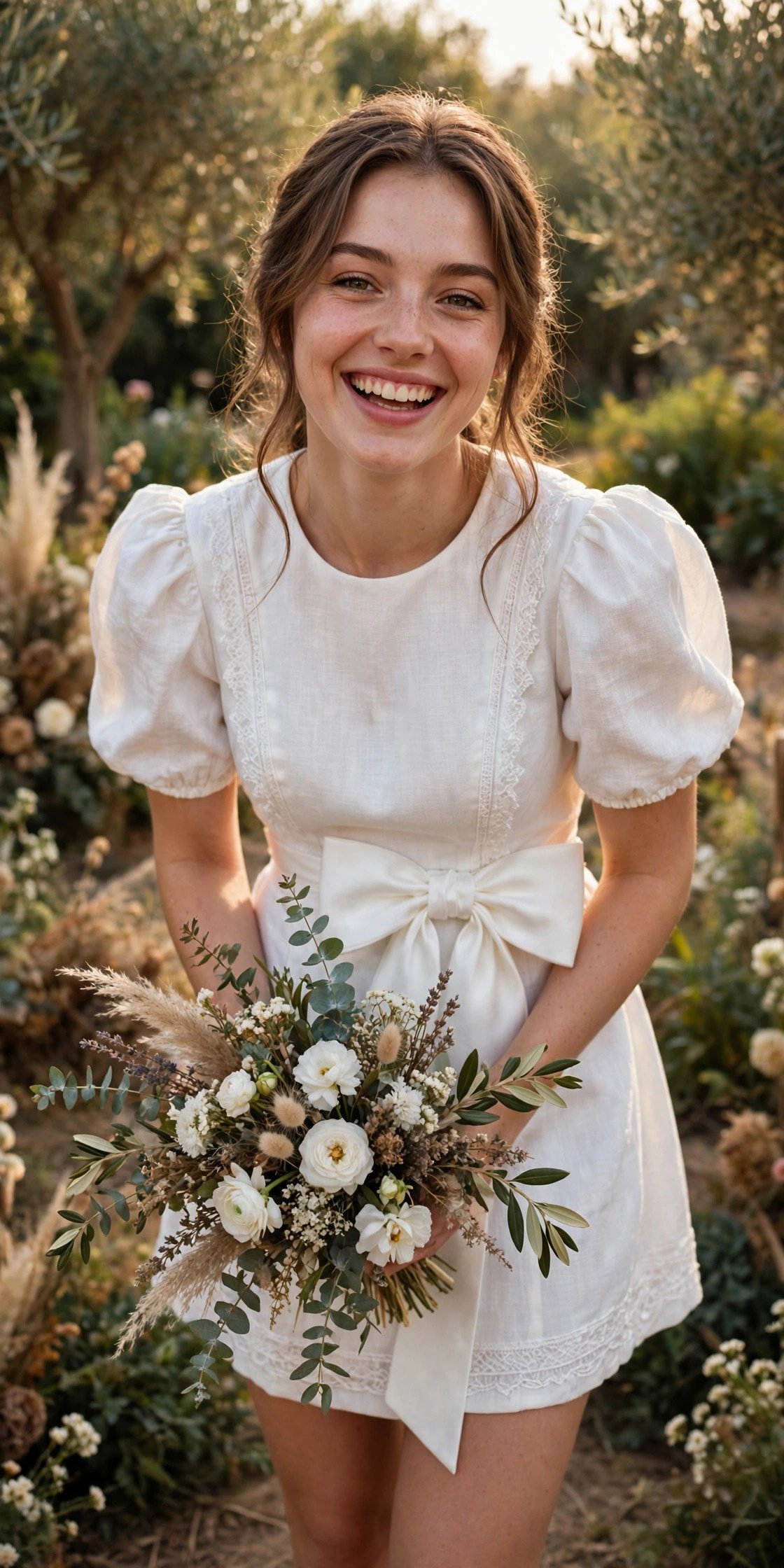 Bride in a playful white mini dress with puff sleeves and a bow