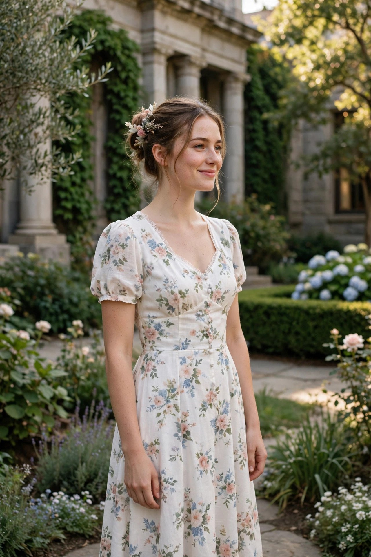 Bride in a white midi dress with a soft floral print in a courthouse garden