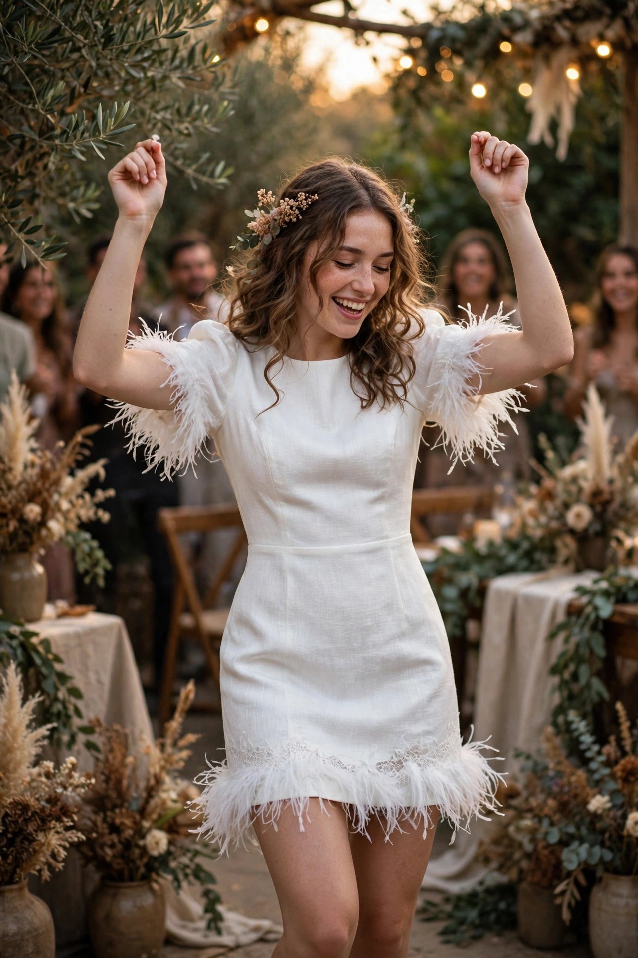 Bride in a white mini dress with feather trim dancing at a small celebration