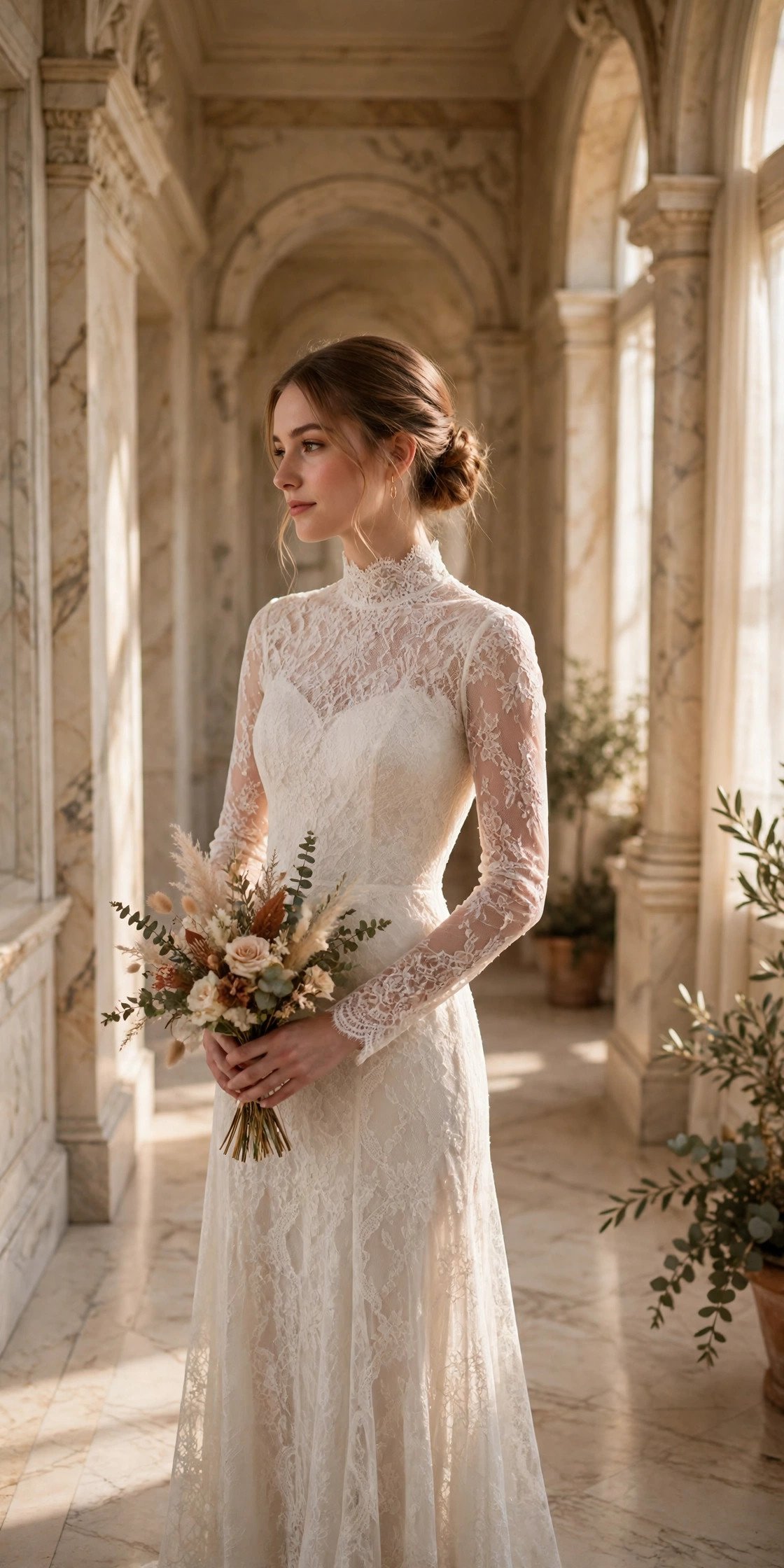 Bride in a high-neck lace maxi dress with long sleeves in a marble hallway