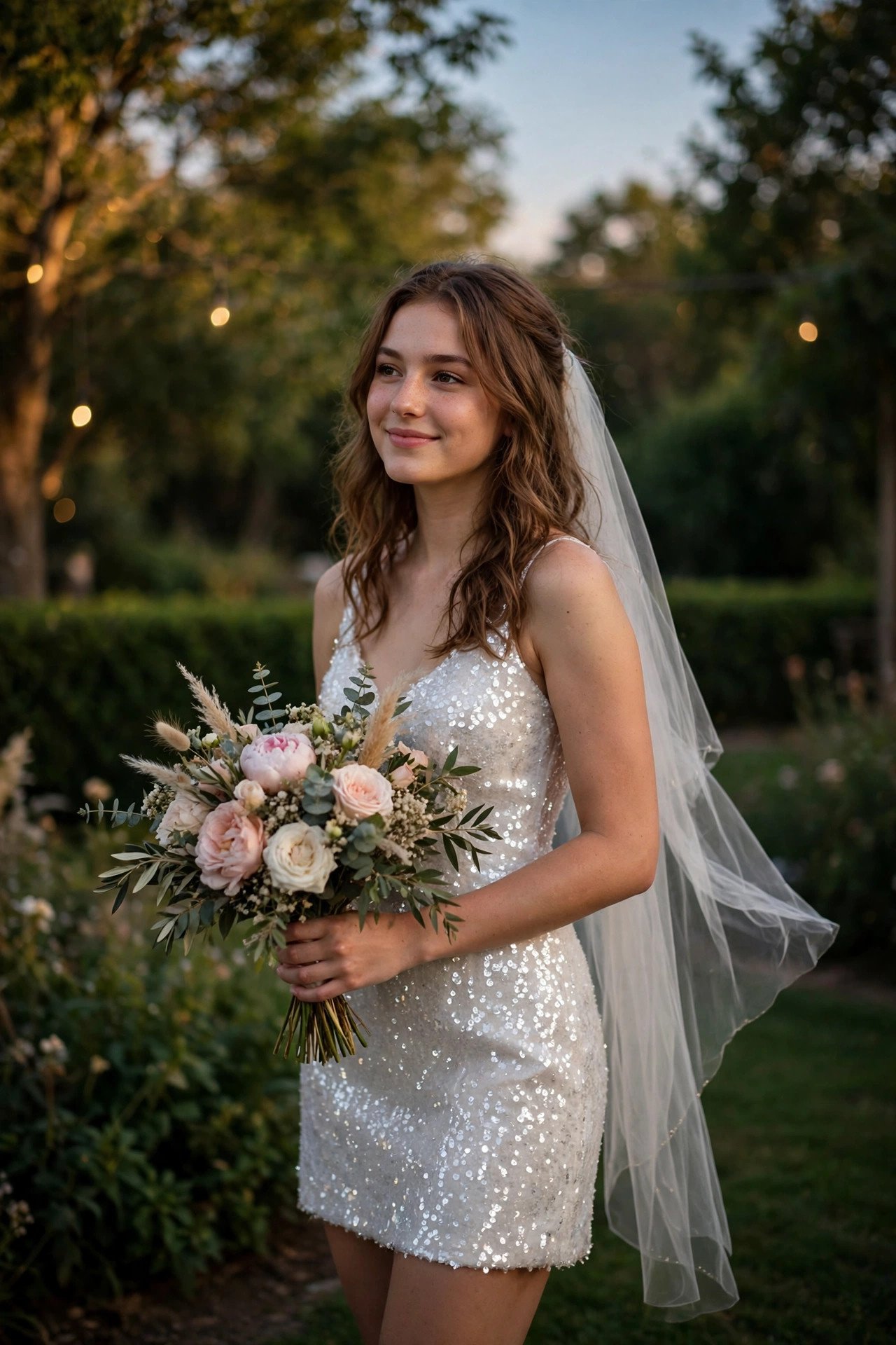 Bride in a sparkling white sequin mini dress holding a bouquet at dusk