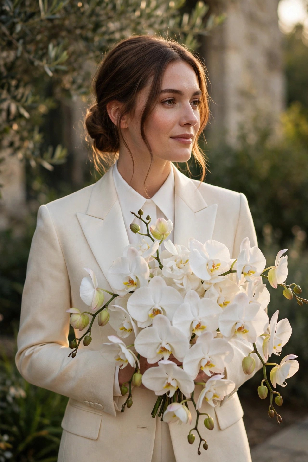 Bride holding a sculptural bunch of white phalaenopsis orchids against a tailored suit