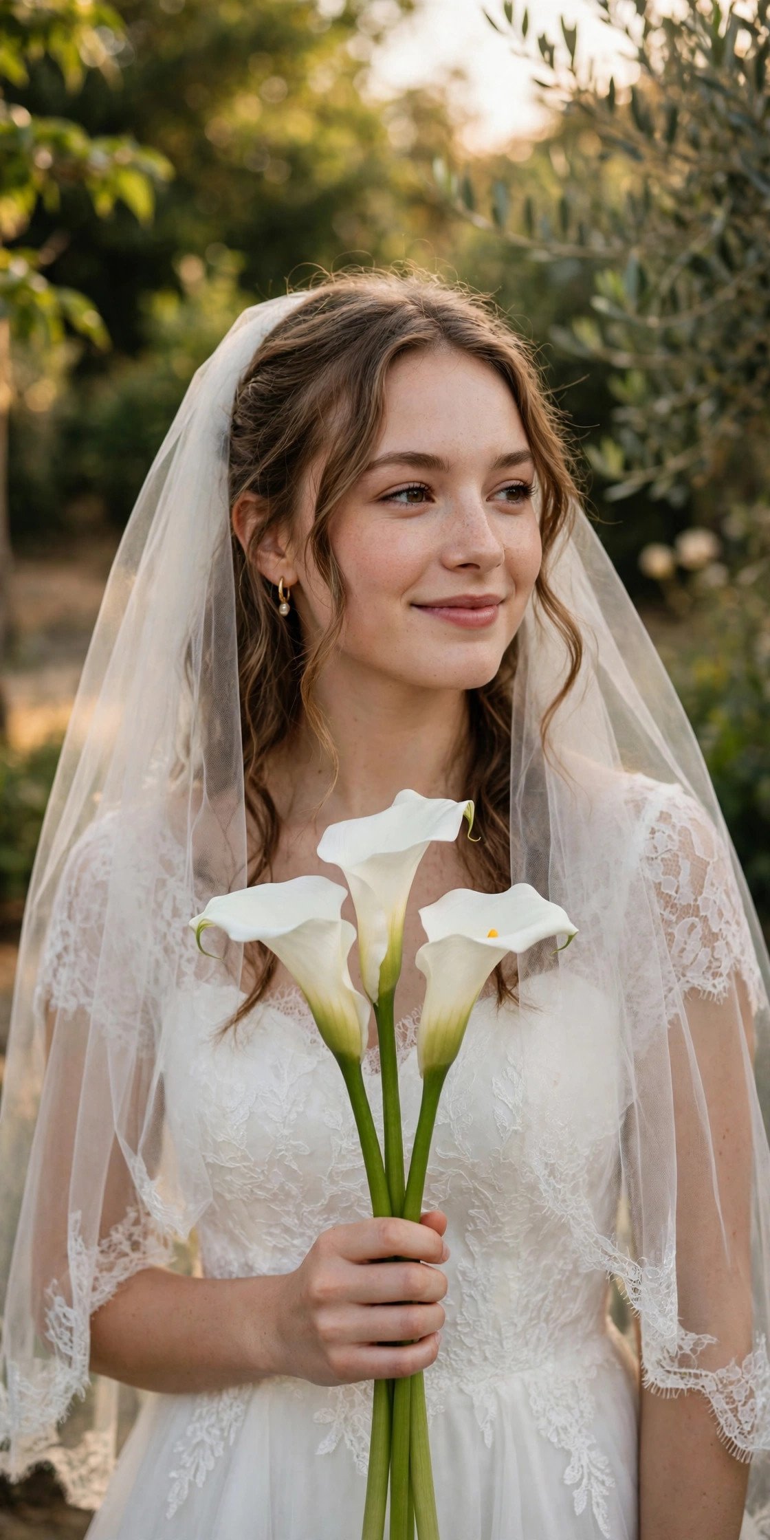 Bride holding three elegant white calla lilies with long stems