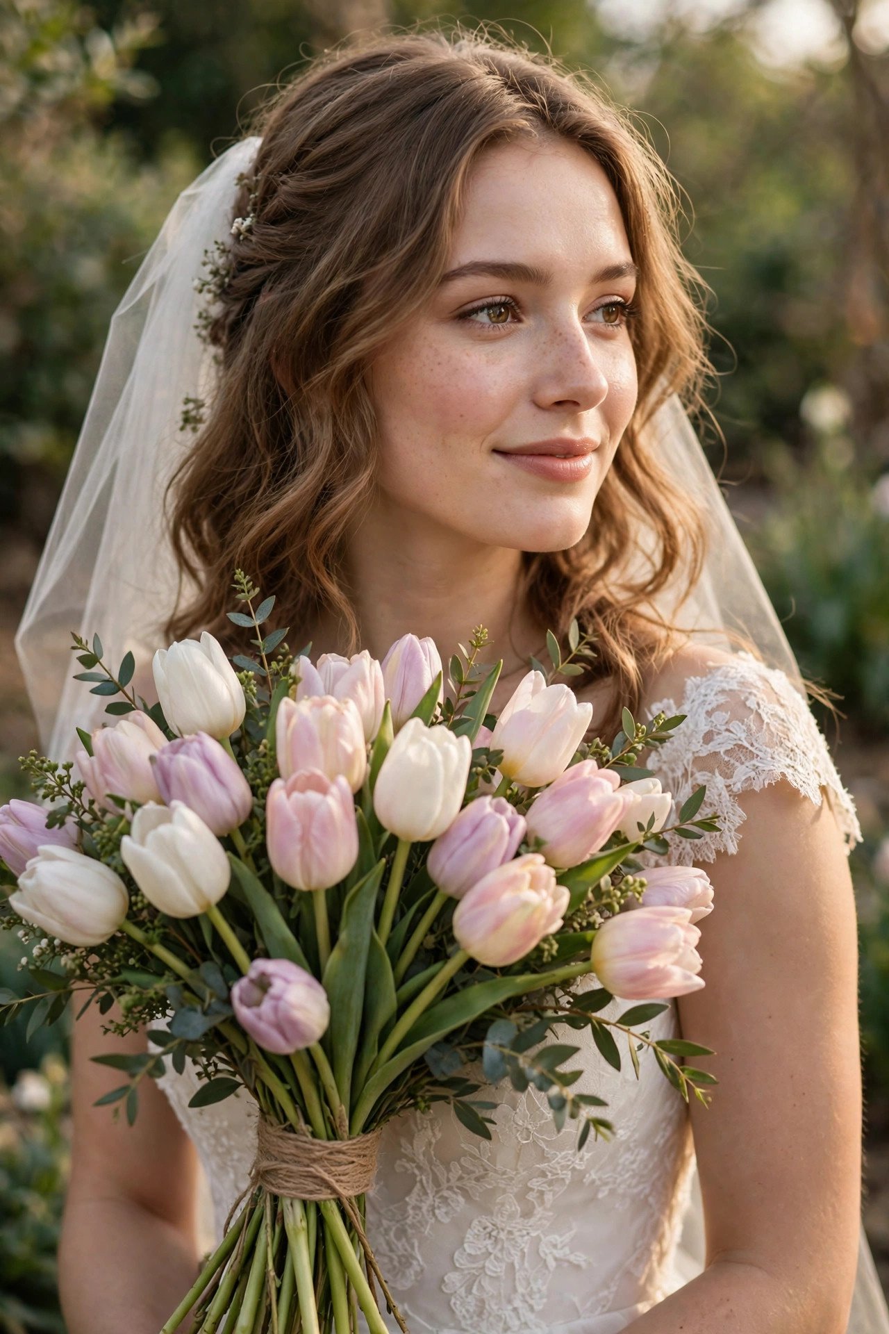 Bride holding a bunch of white and pastel tulips with stems showing