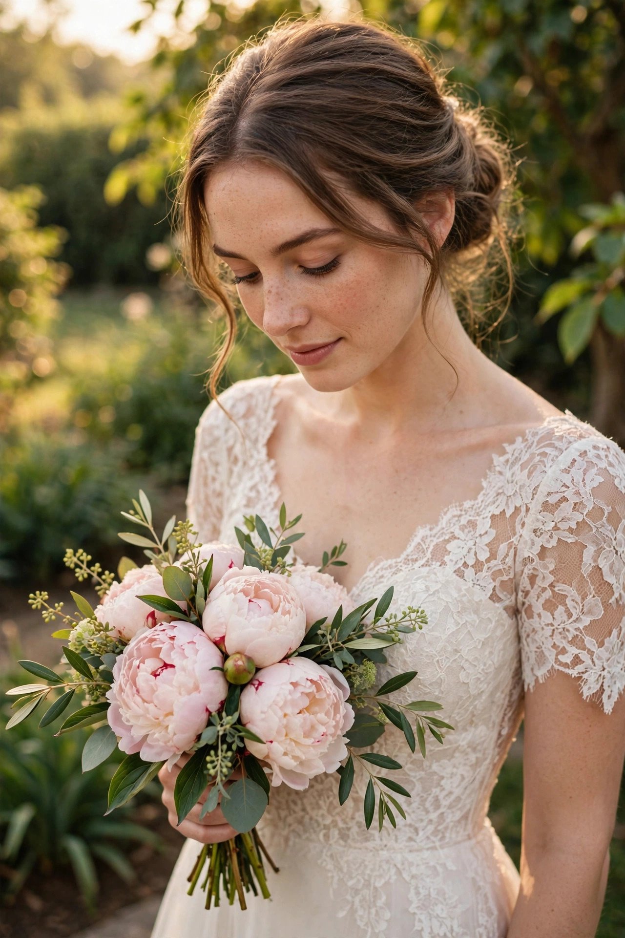 Lush small bouquet of blush peonies held by a bride in a lace dress