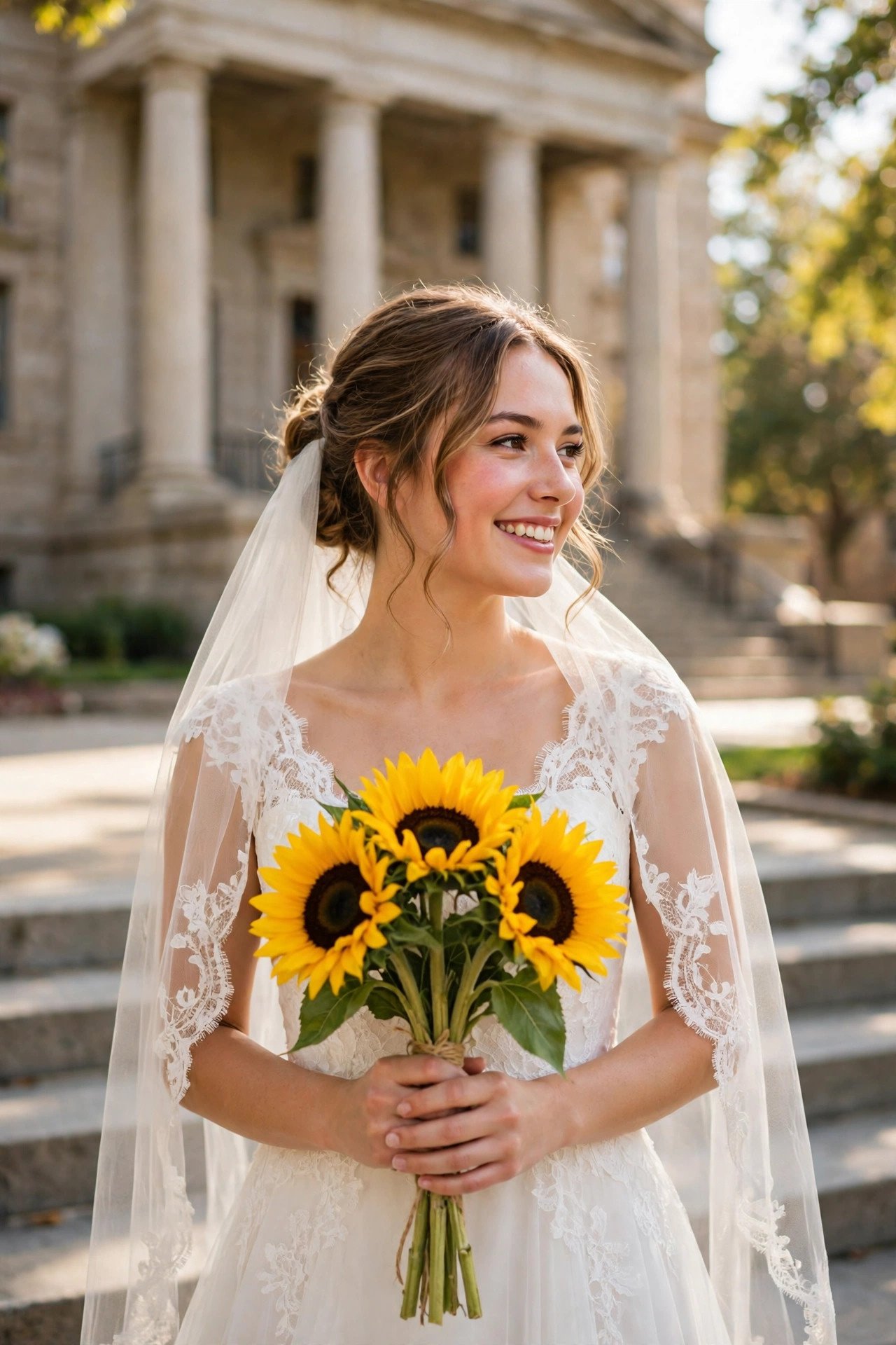 Bride holding three cheerful sunflowers outside a sunny courthouse