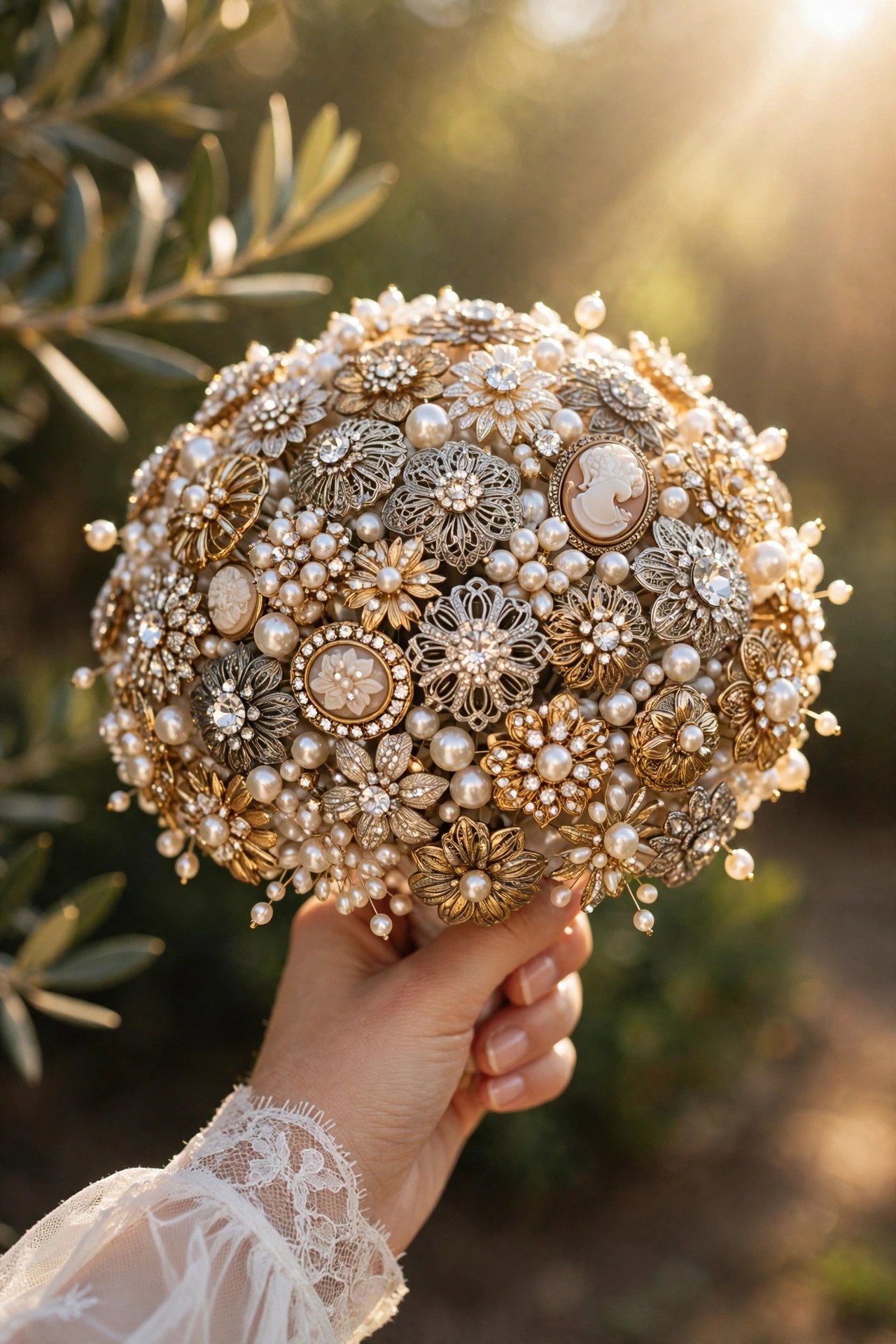 Bouquet made of vintage brooches and pearl pins sparkling in sunlight