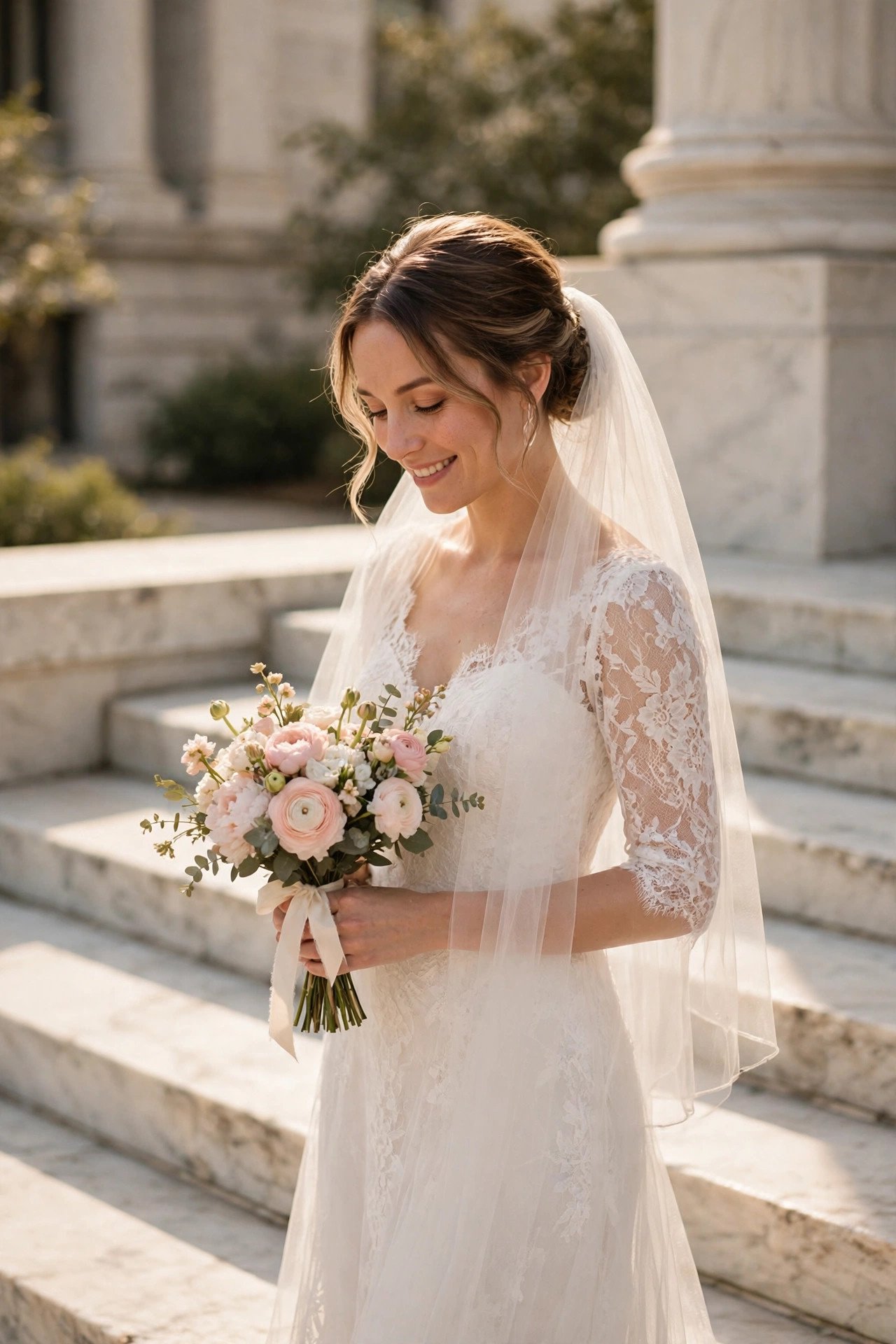 Bride holding a compact white and blush courthouse bouquet on marble steps