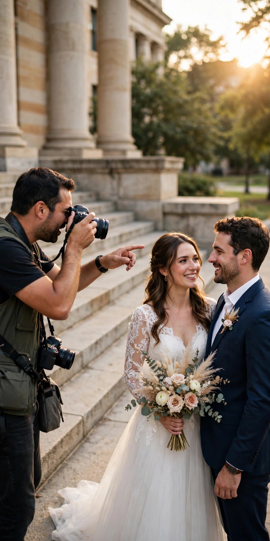 Professional photographer directing a couple into natural light on courthouse steps