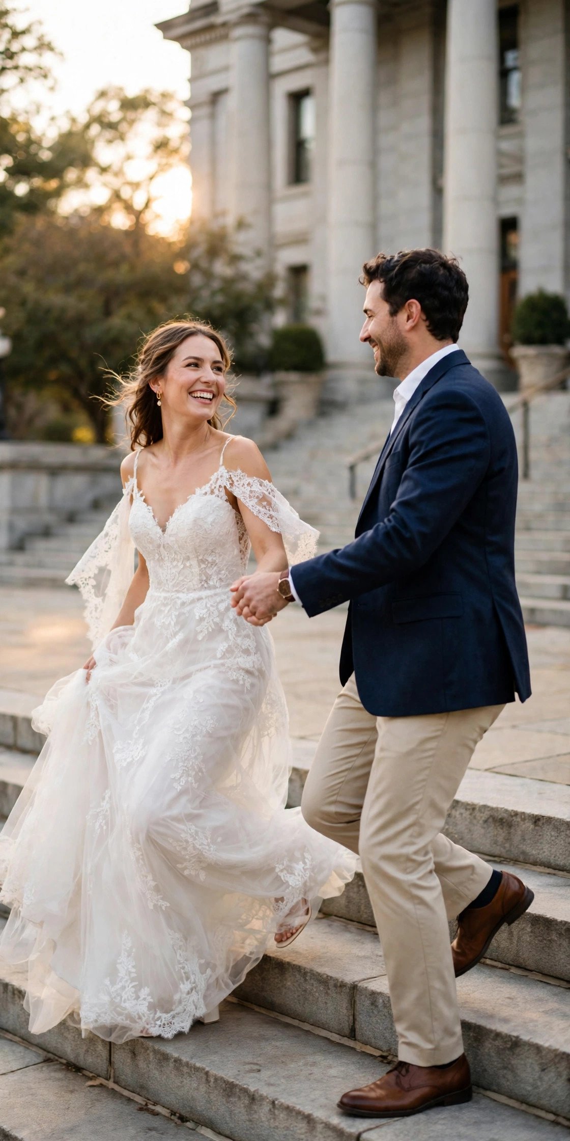 Couple posed mid-steps holding hands with the courthouse facade behind them