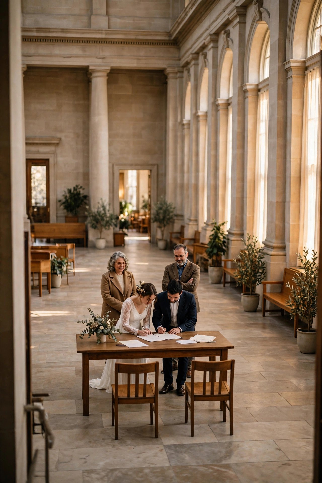 Close-up of a couple signing their marriage register with witnesses beside them