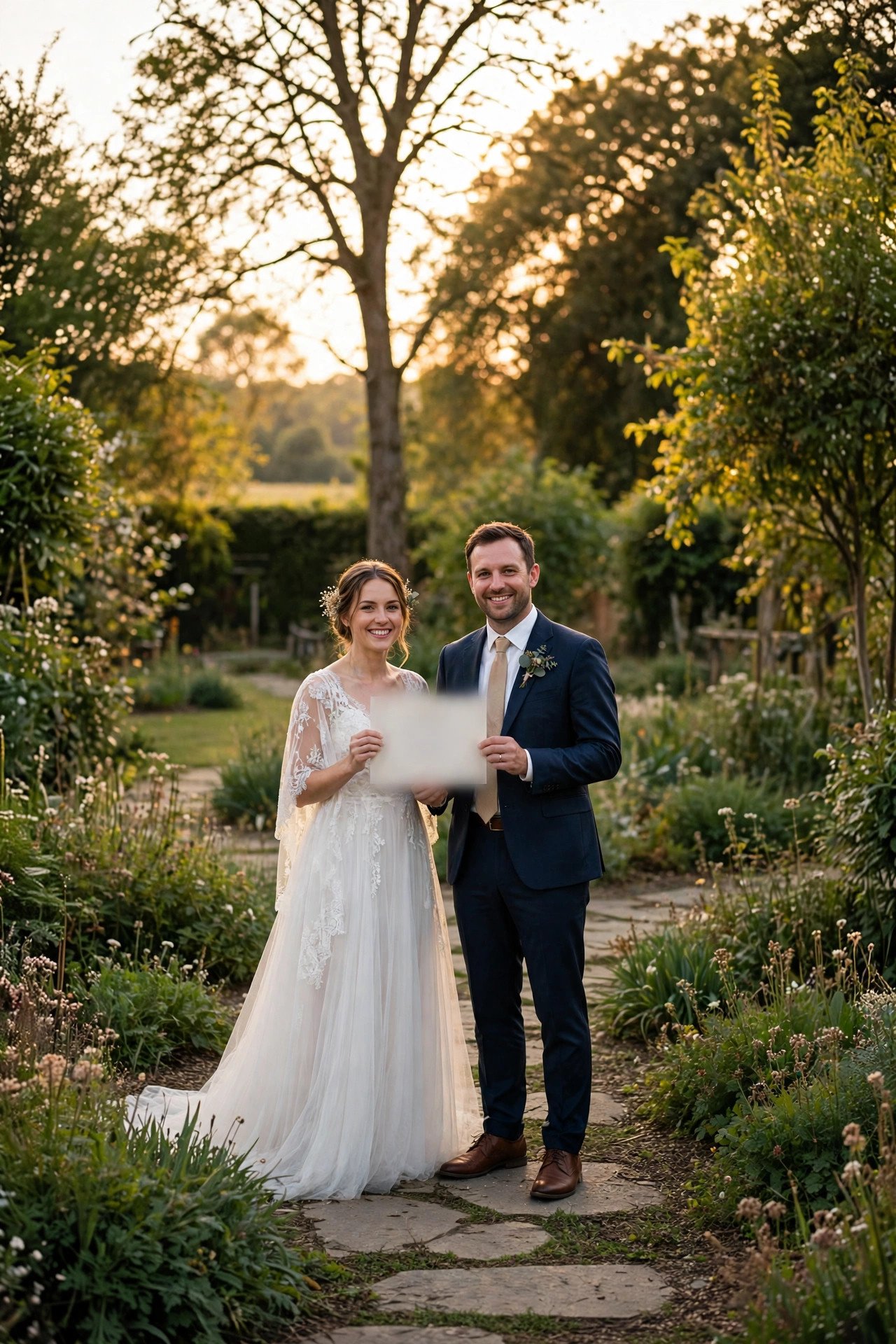 Newlyweds holding their marriage certificate together and smiling at the camera