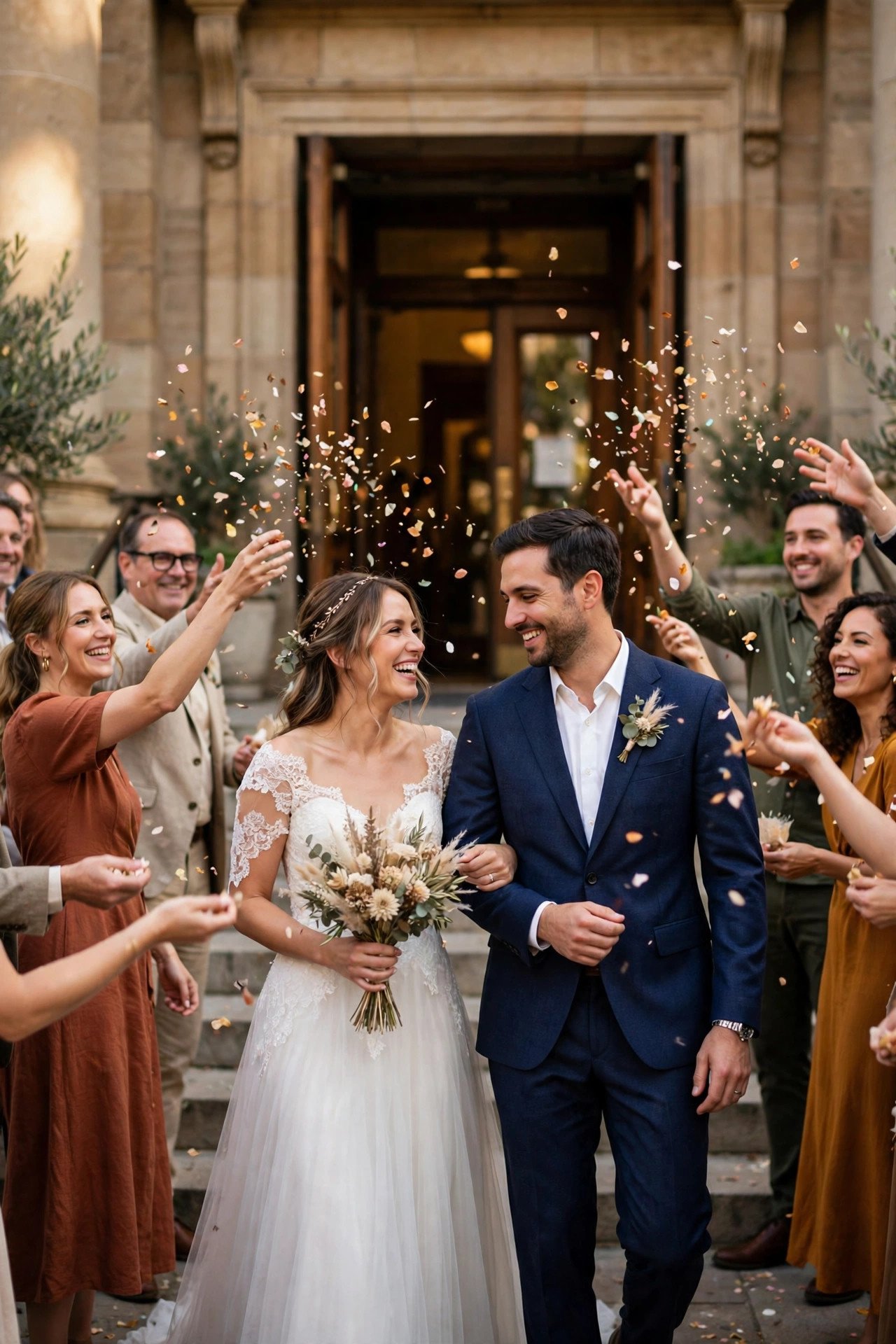 Guests showering a couple with confetti as they exit the courthouse doors