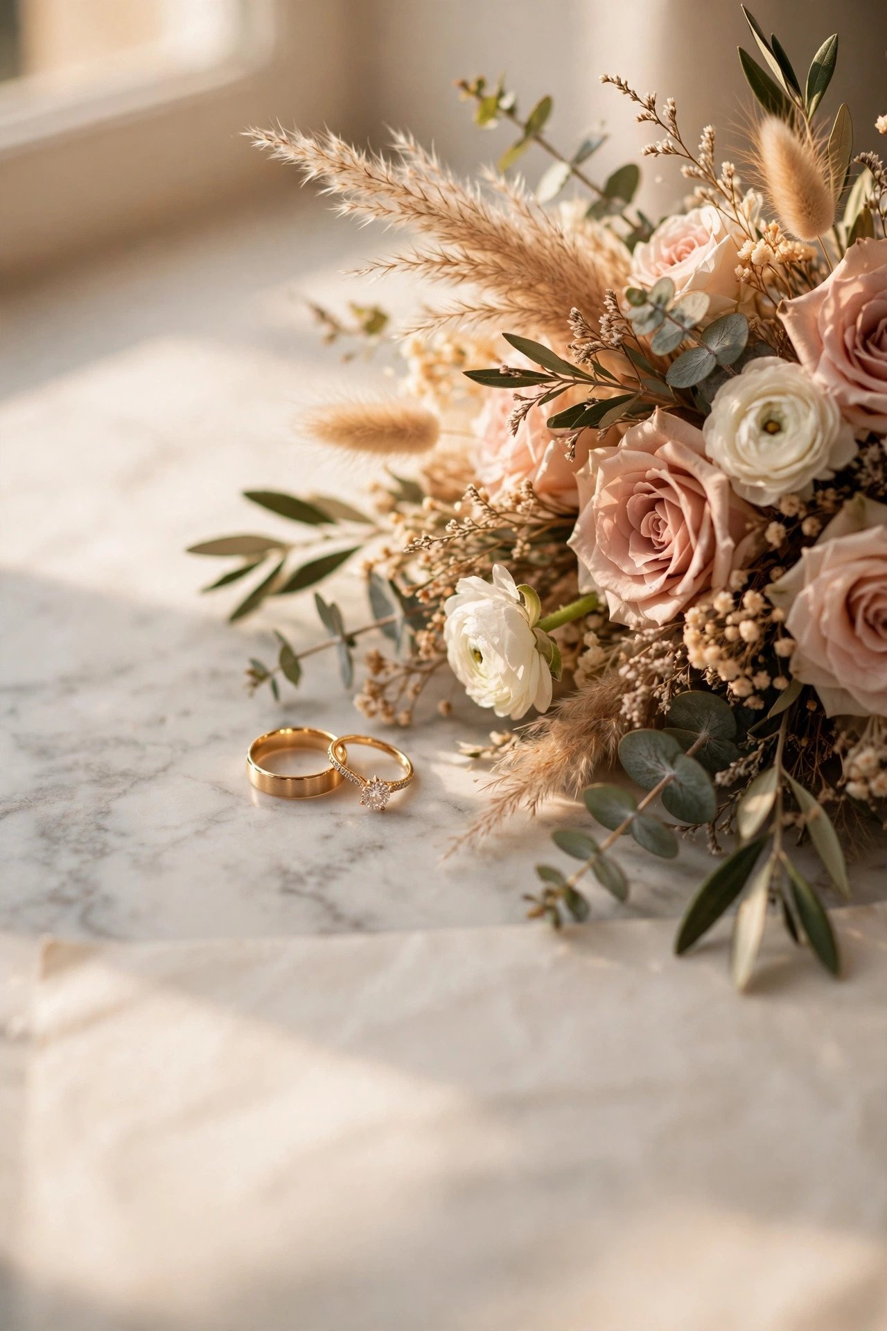 Styled detail photo of wedding rings on a marriage certificate beside a bouquet