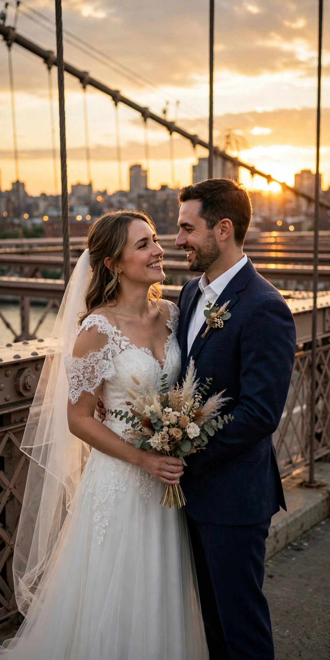 Couple photographed at sunset on a city bridge hours after their ceremony