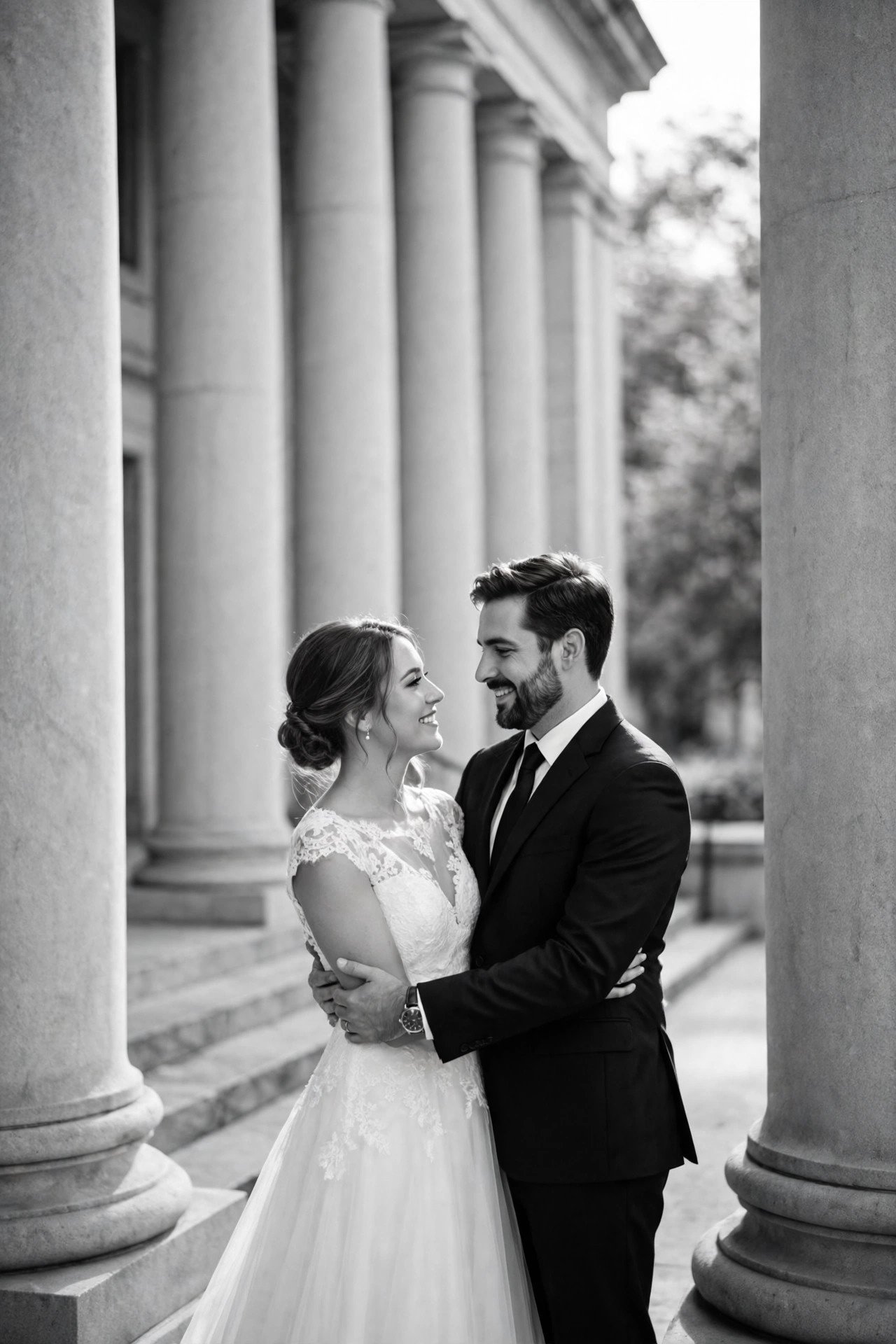 Black and white photograph of a couple framed by courthouse columns