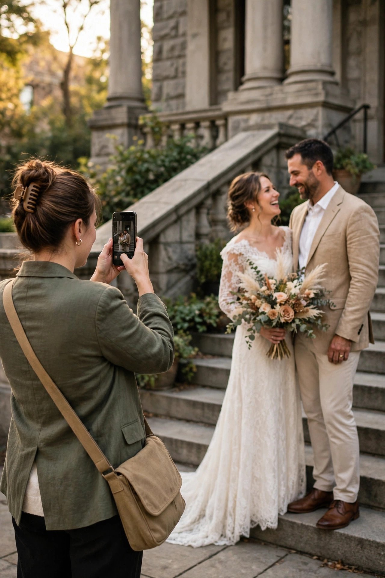 Guest taking a high-quality smartphone photo of a couple on courthouse steps
