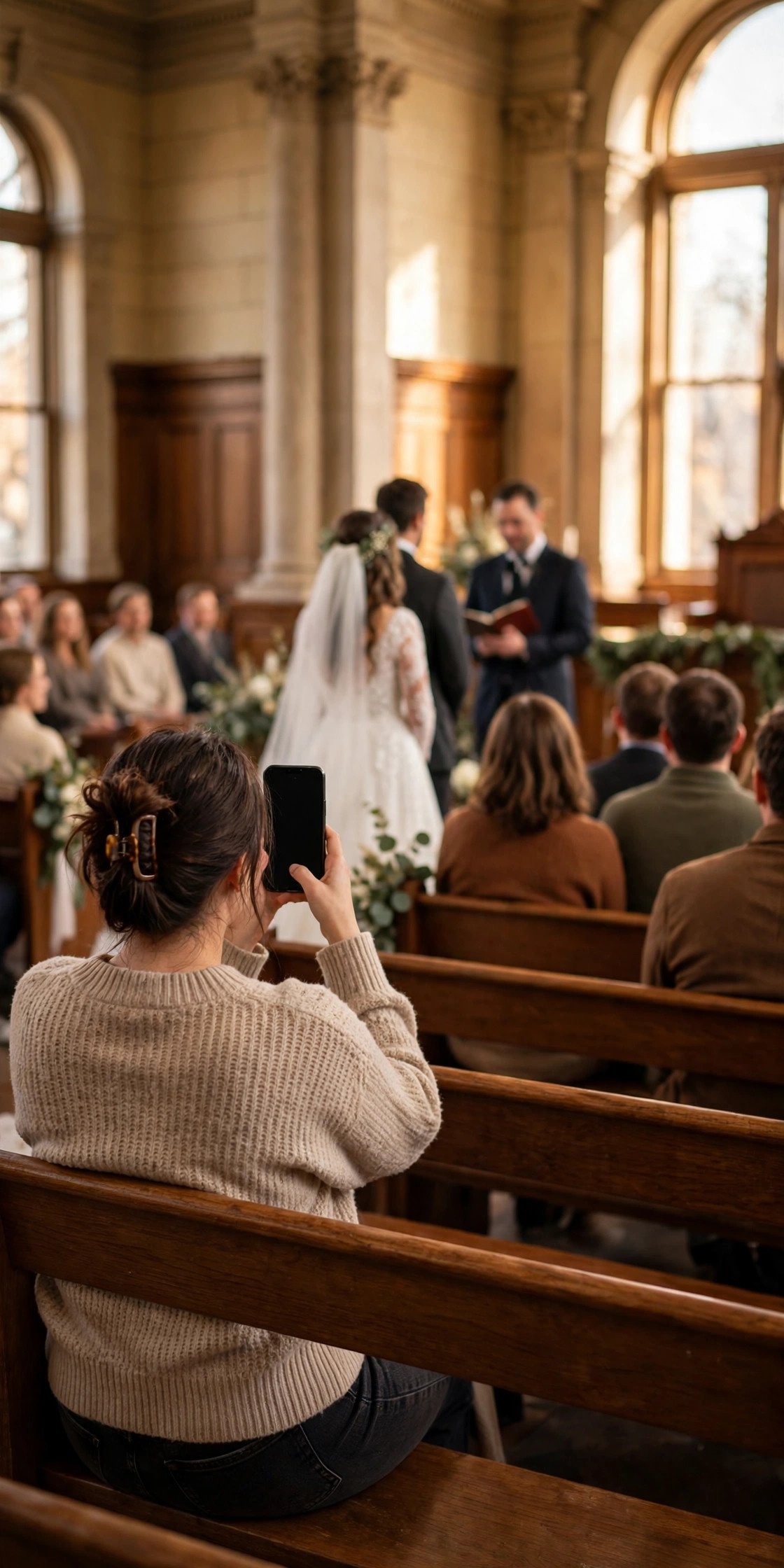 Guest filming a courthouse ceremony steadily on a phone from a seat