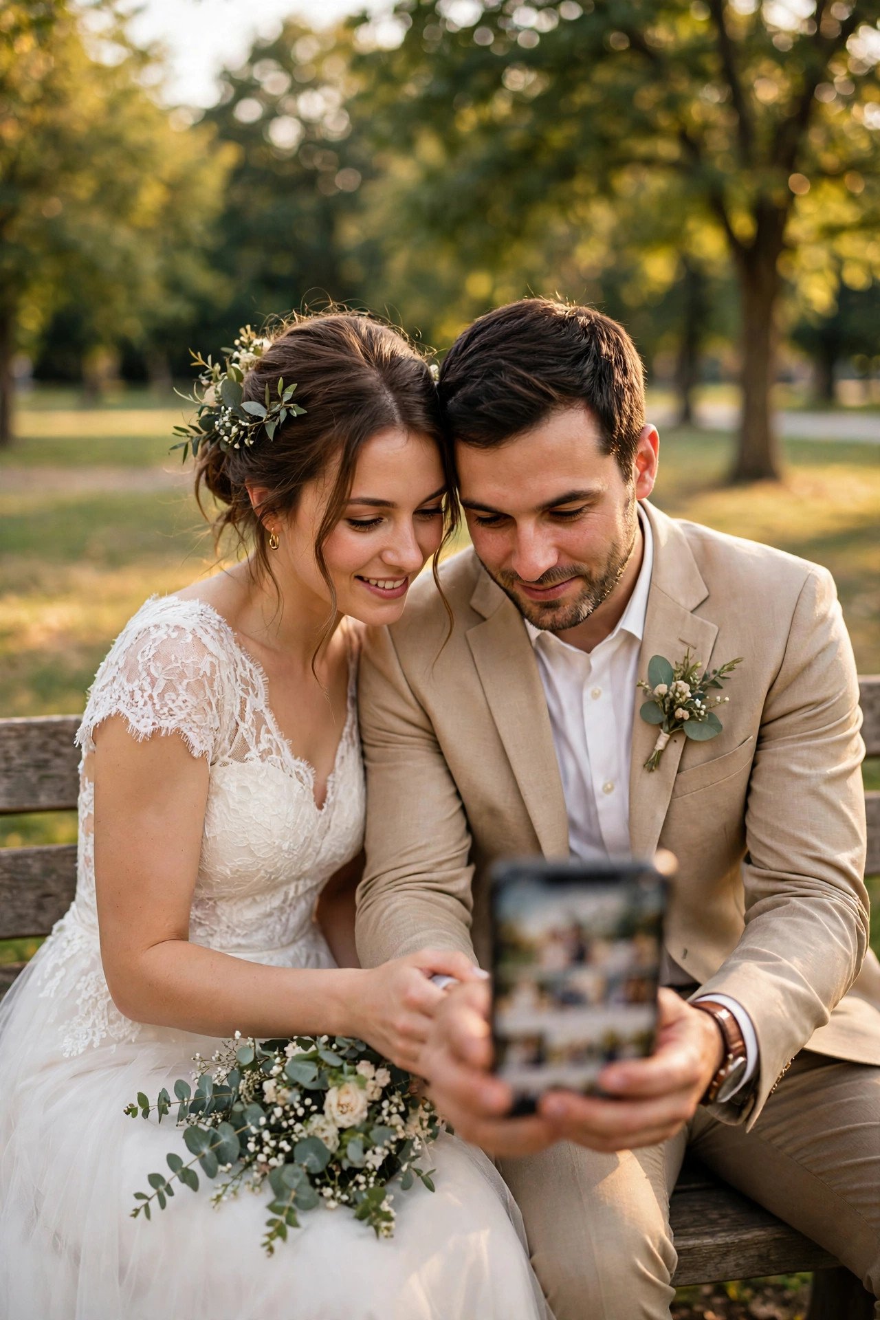 Couple checking a photography permit application on a bench near a park