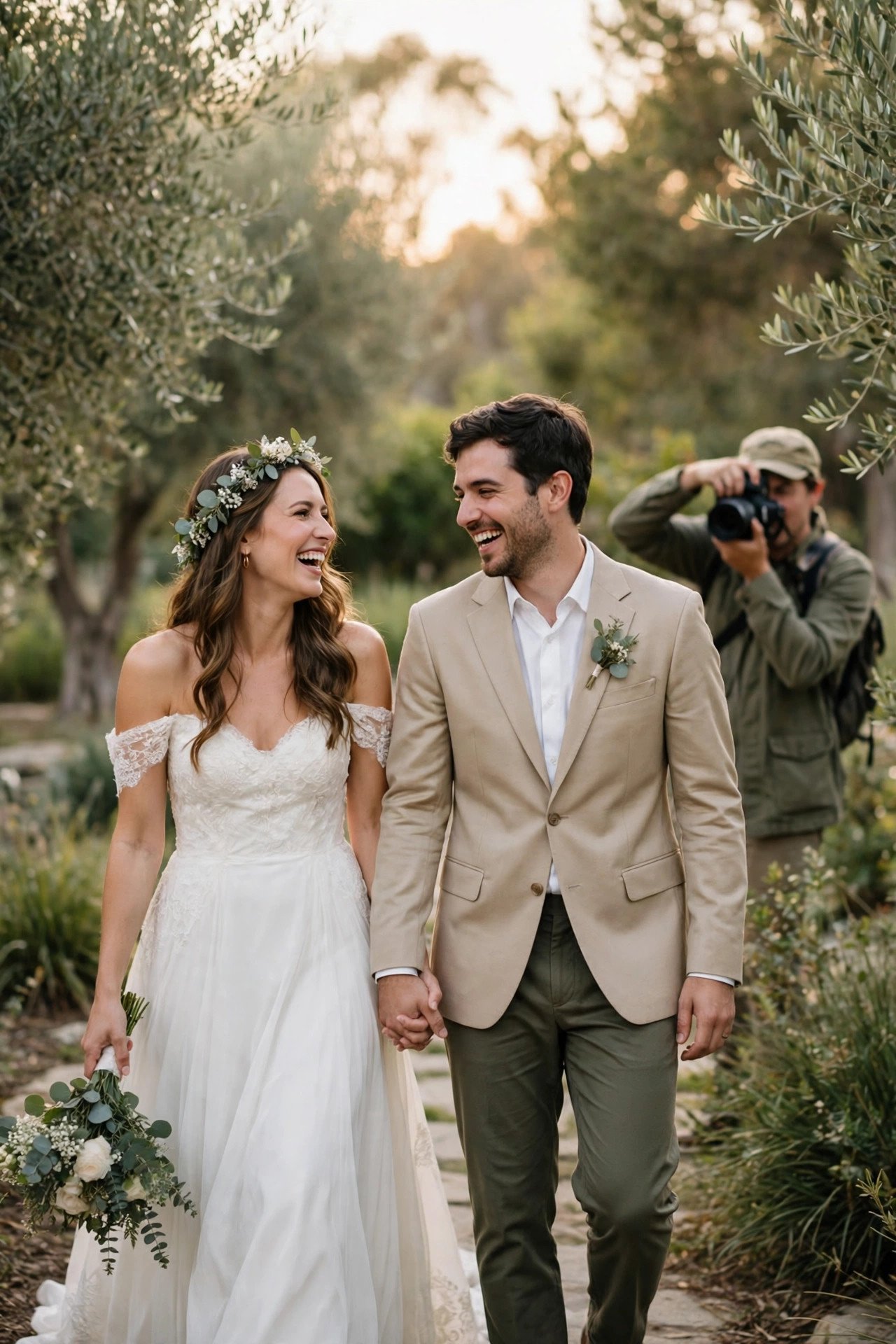 Couple walking and laughing naturally while a photographer shoots candids